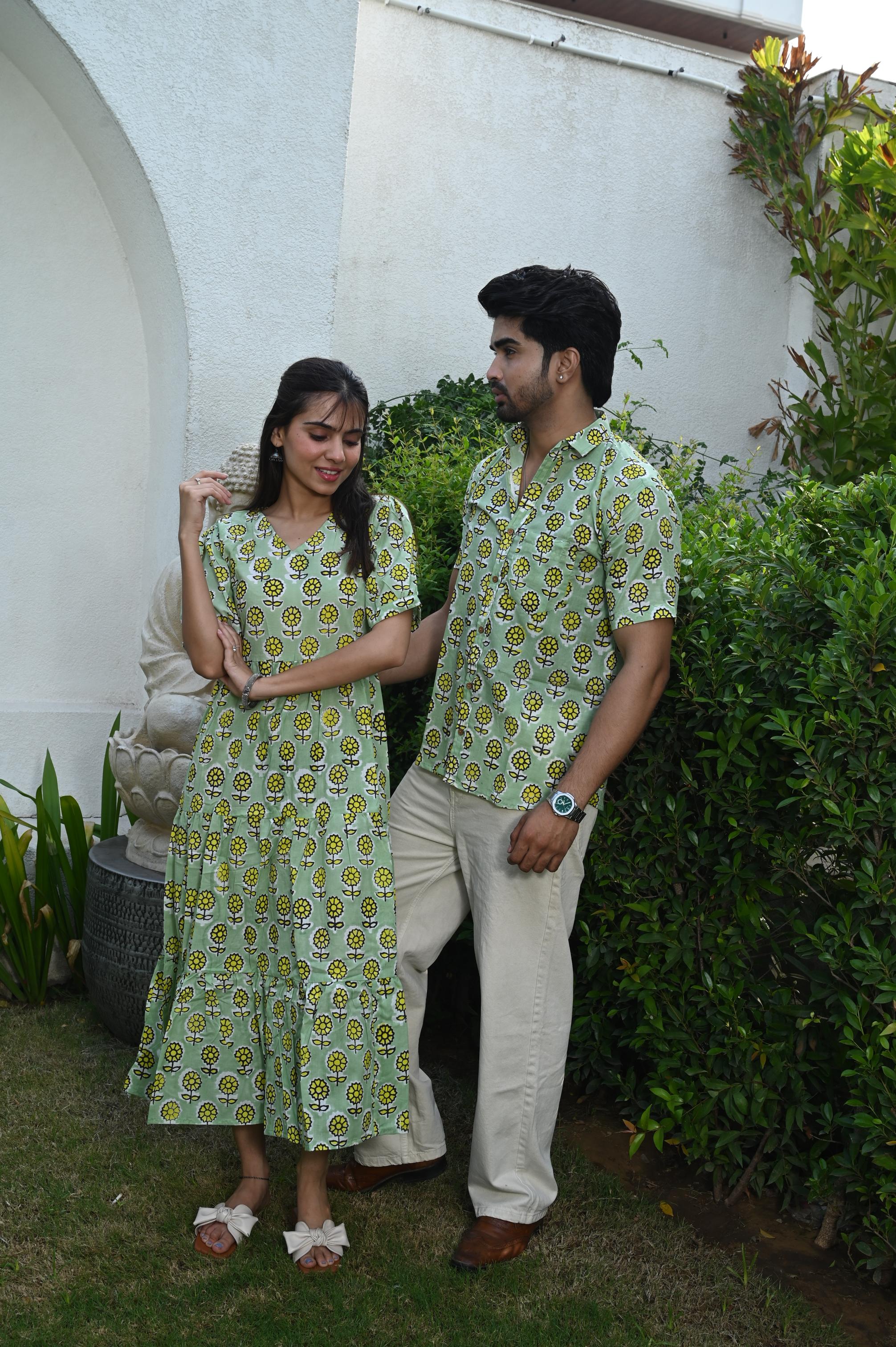 Light Green Couple Dress & Shirt Set