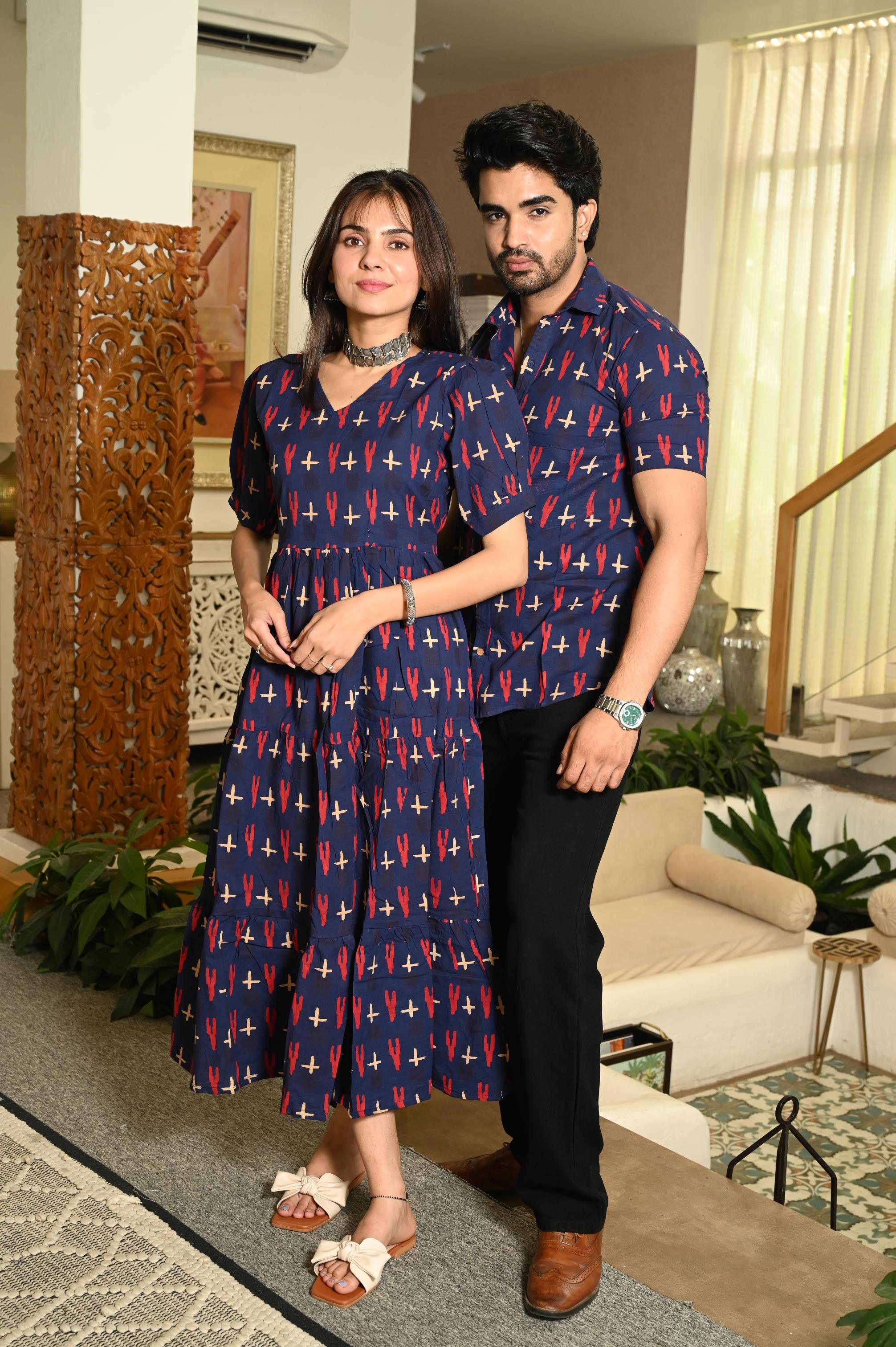 Navy Blue Cactus Couple Dress & Shirt Set