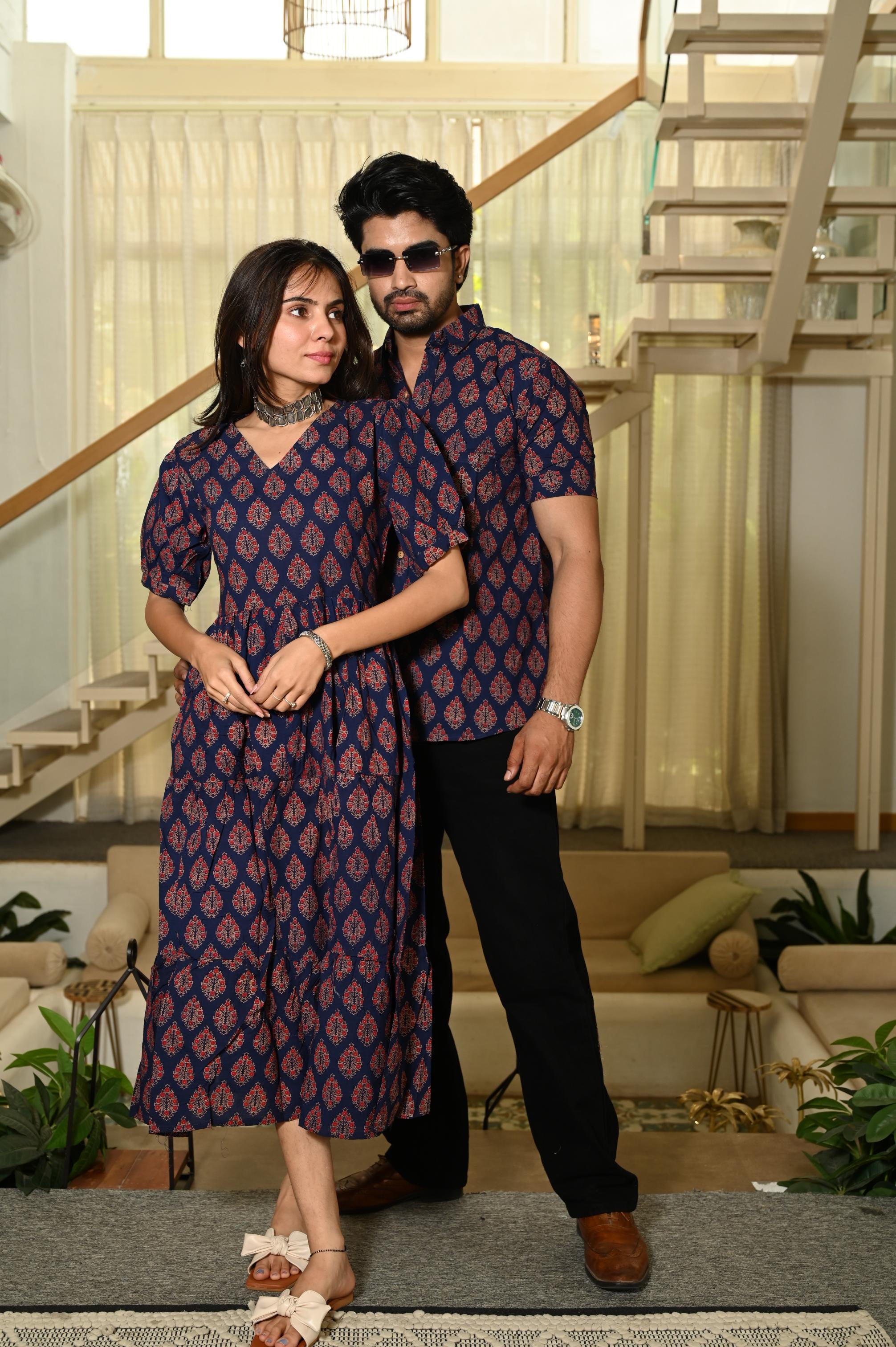 matching dress and mens shirt Navy Blue Cotton One Piece Dress & Shirt Set