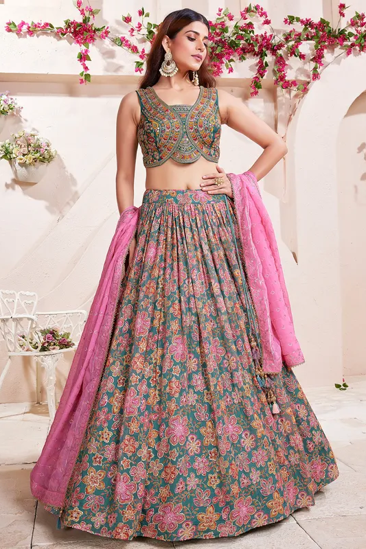 Woman wearing a lightweight, breathable hand-printed cotton Lehenga Choli from Kimaari.
