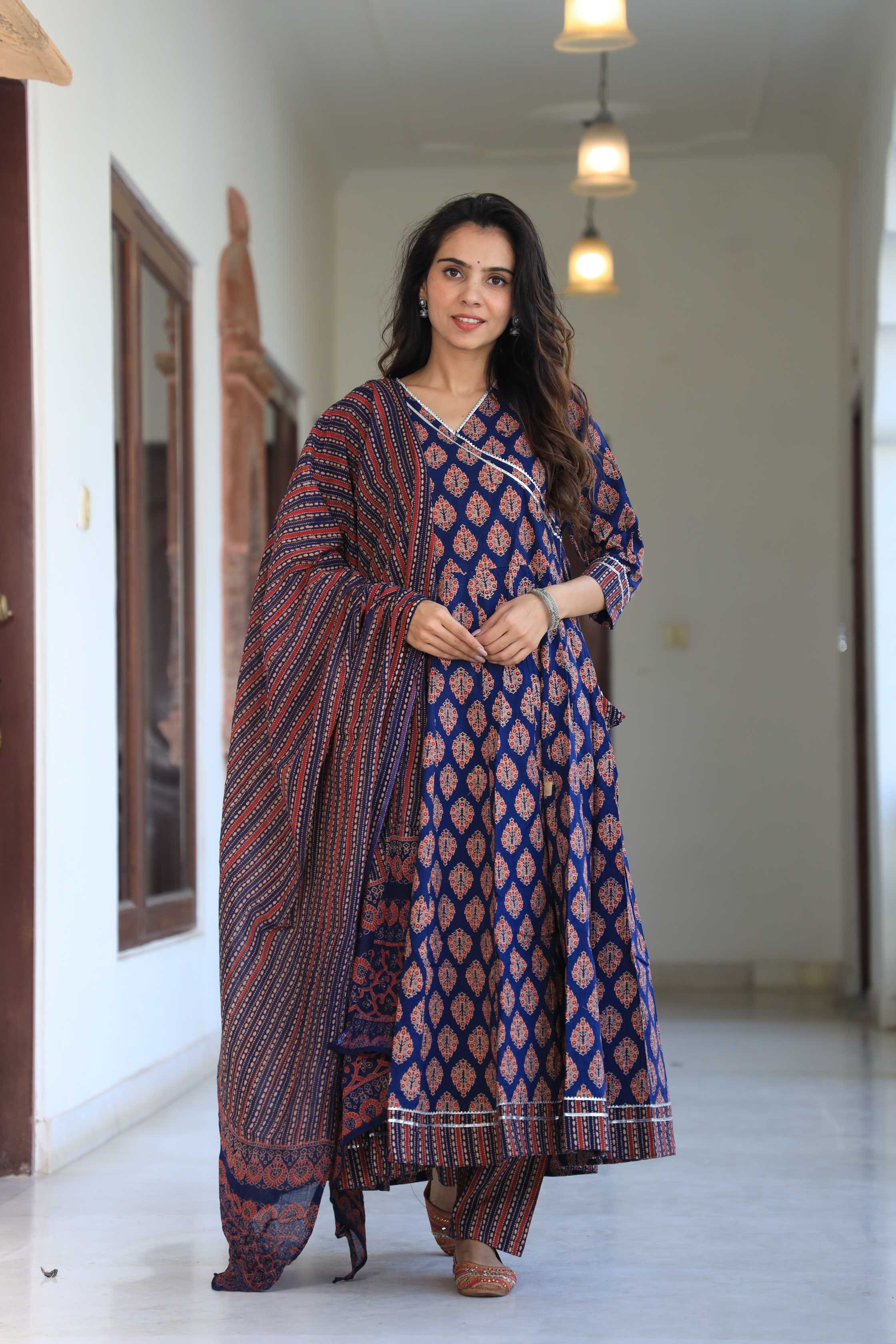Indigo Blue Handblock Printed Overlap Wrap Anarkali Suit