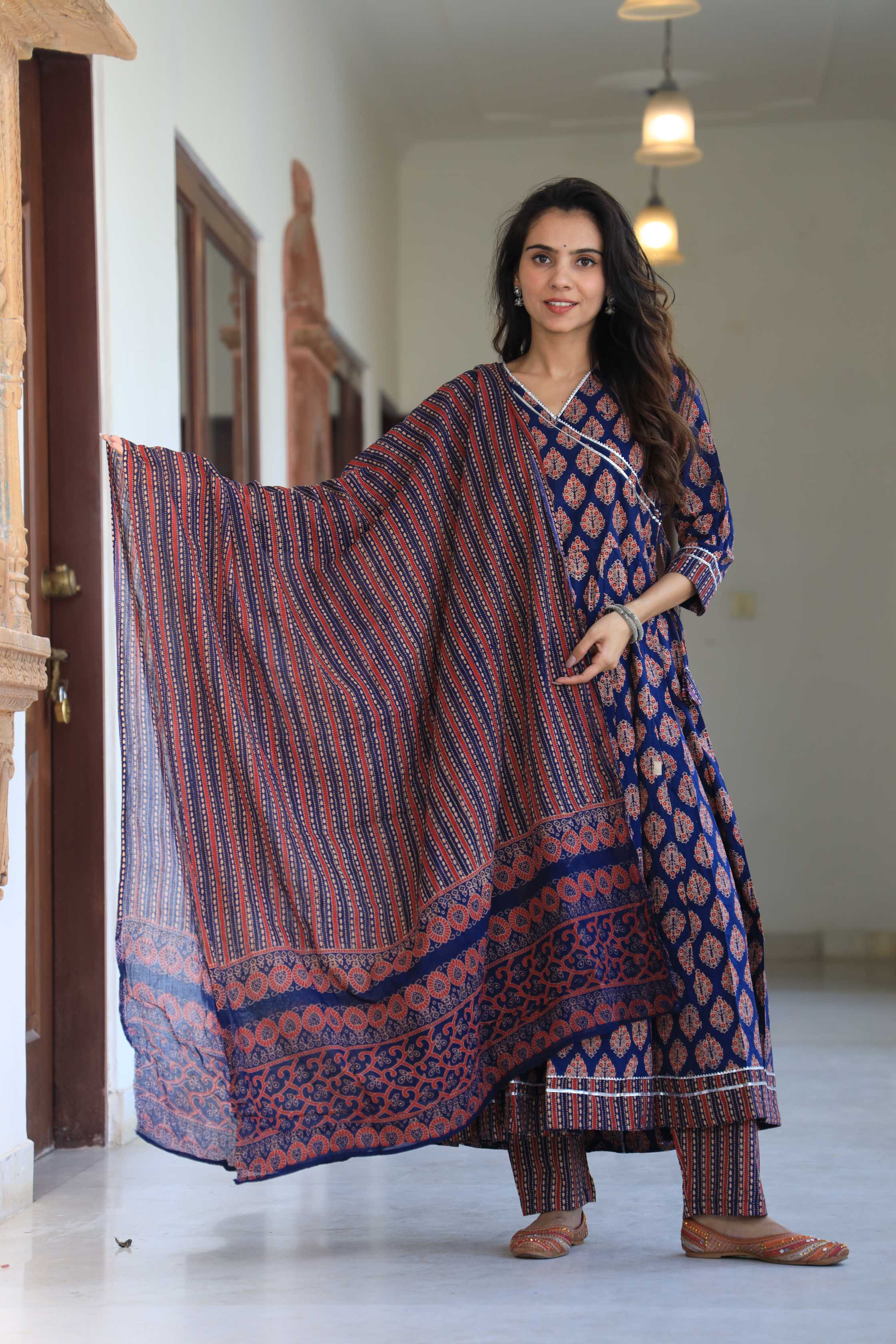 Indigo Blue Handblock Printed Overlap Wrap Anarkali Suit