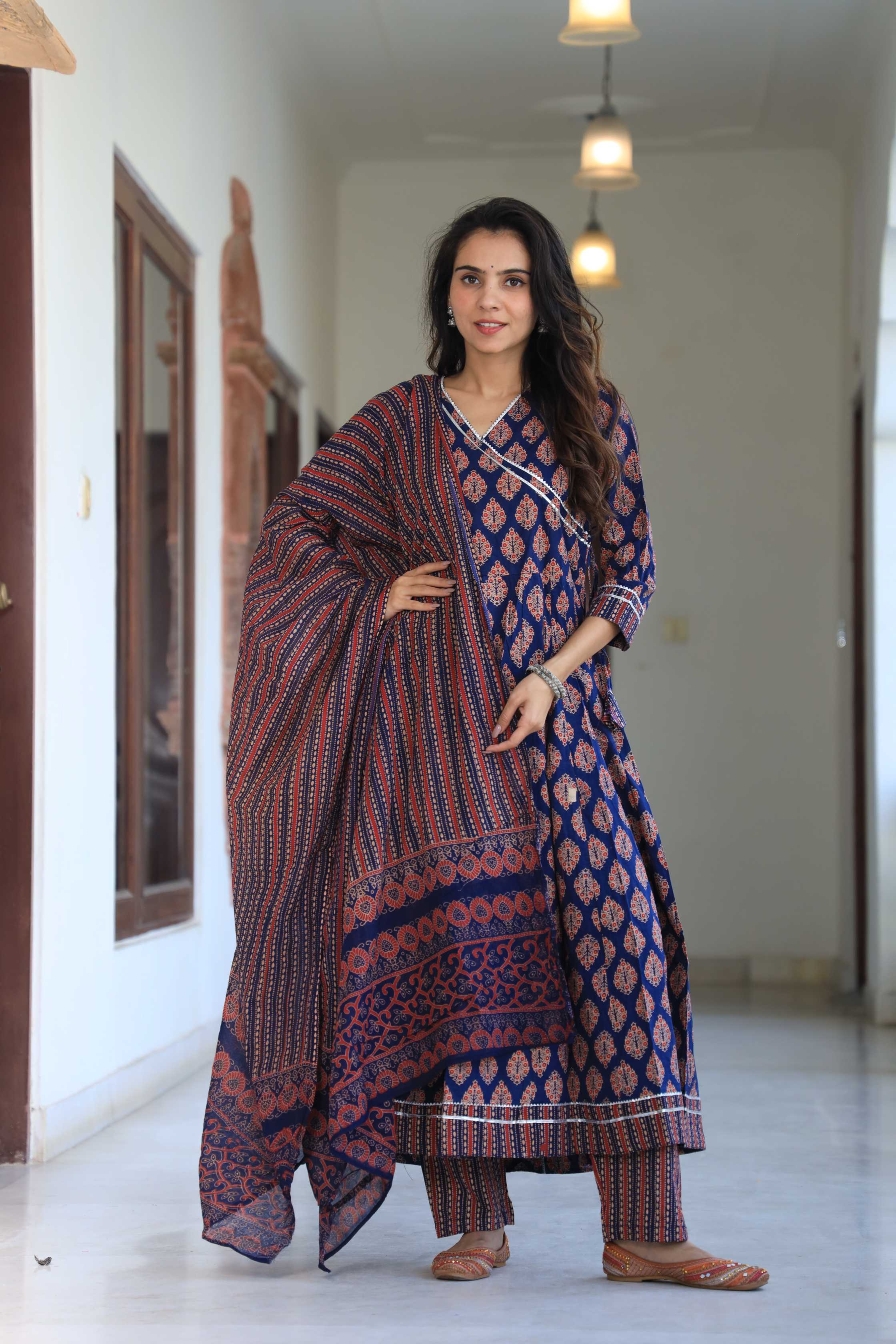 Indigo Blue Handblock Printed Overlap Wrap Anarkali Suit