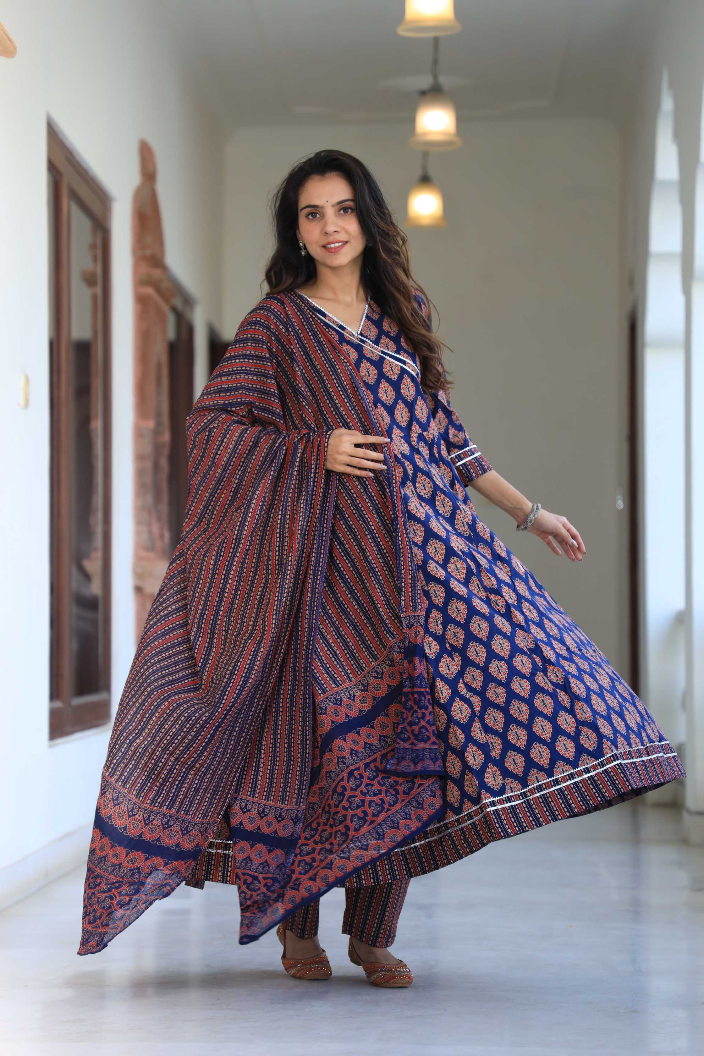 Indigo Blue Handblock Printed Overlap Wrap Anarkali Suit