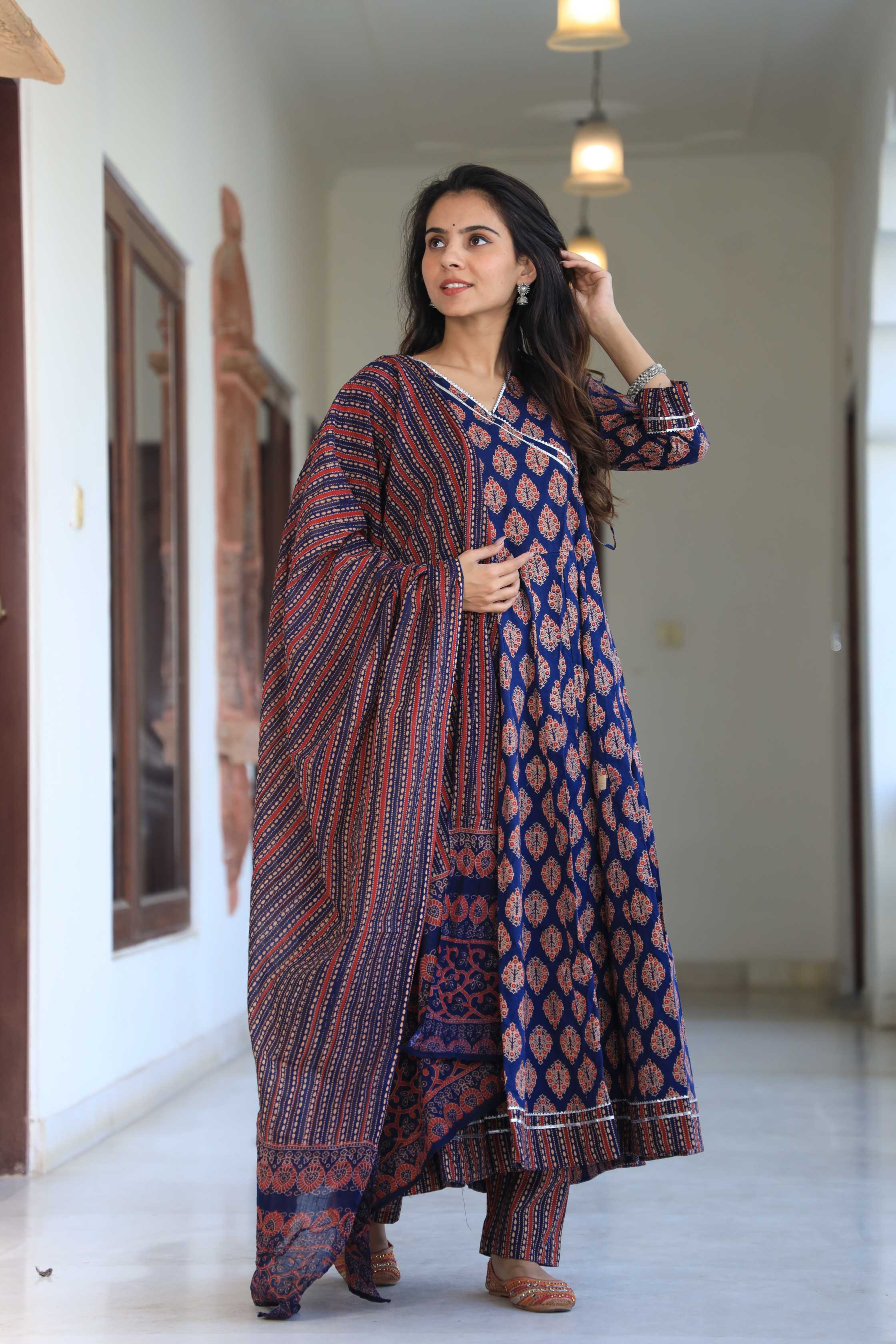 Indigo Blue Handblock Printed Overlap Wrap Anarkali Suit