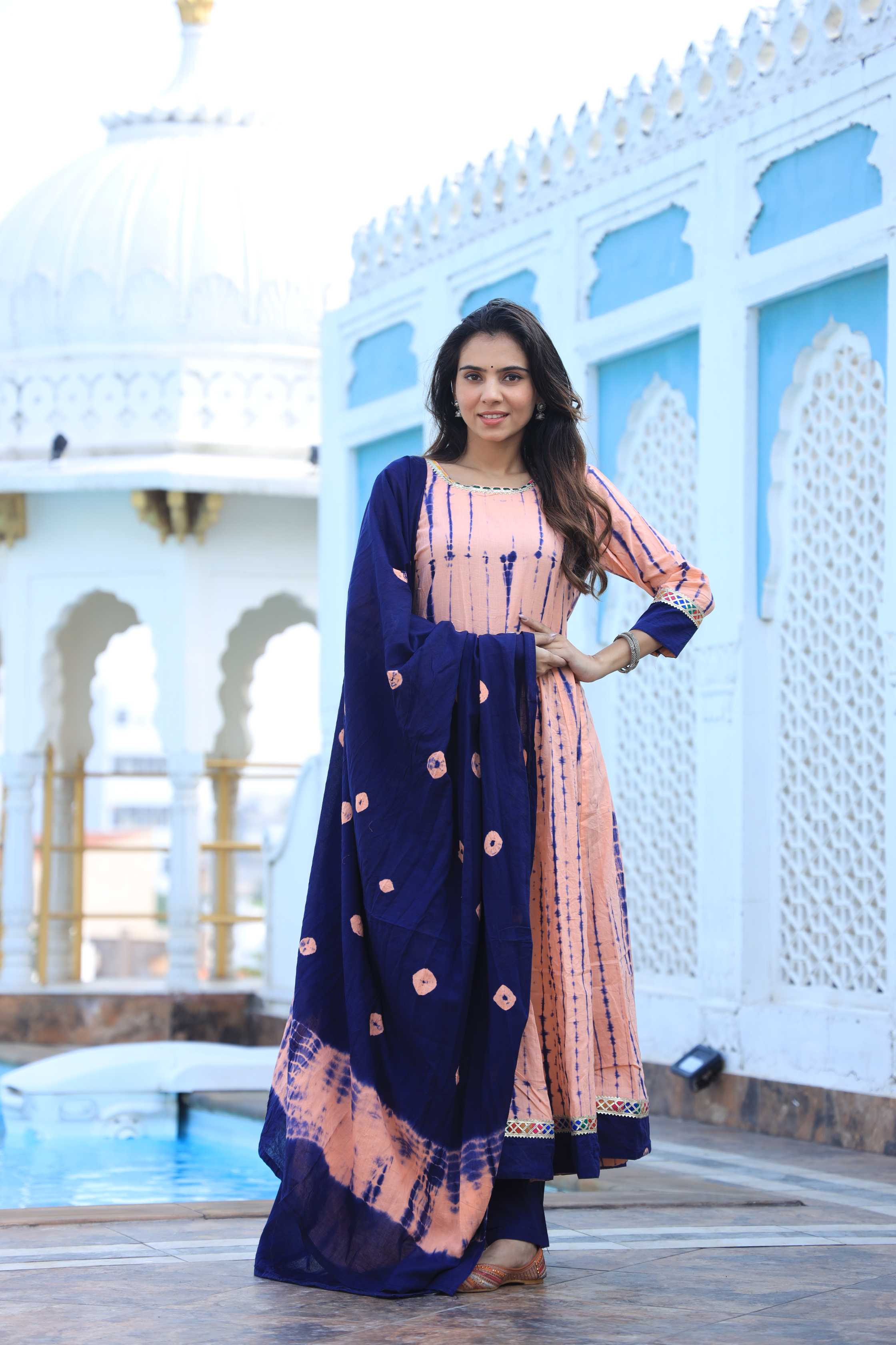 Peach & Navy Blue Hand-Dyed Cotton Anarkali Suit