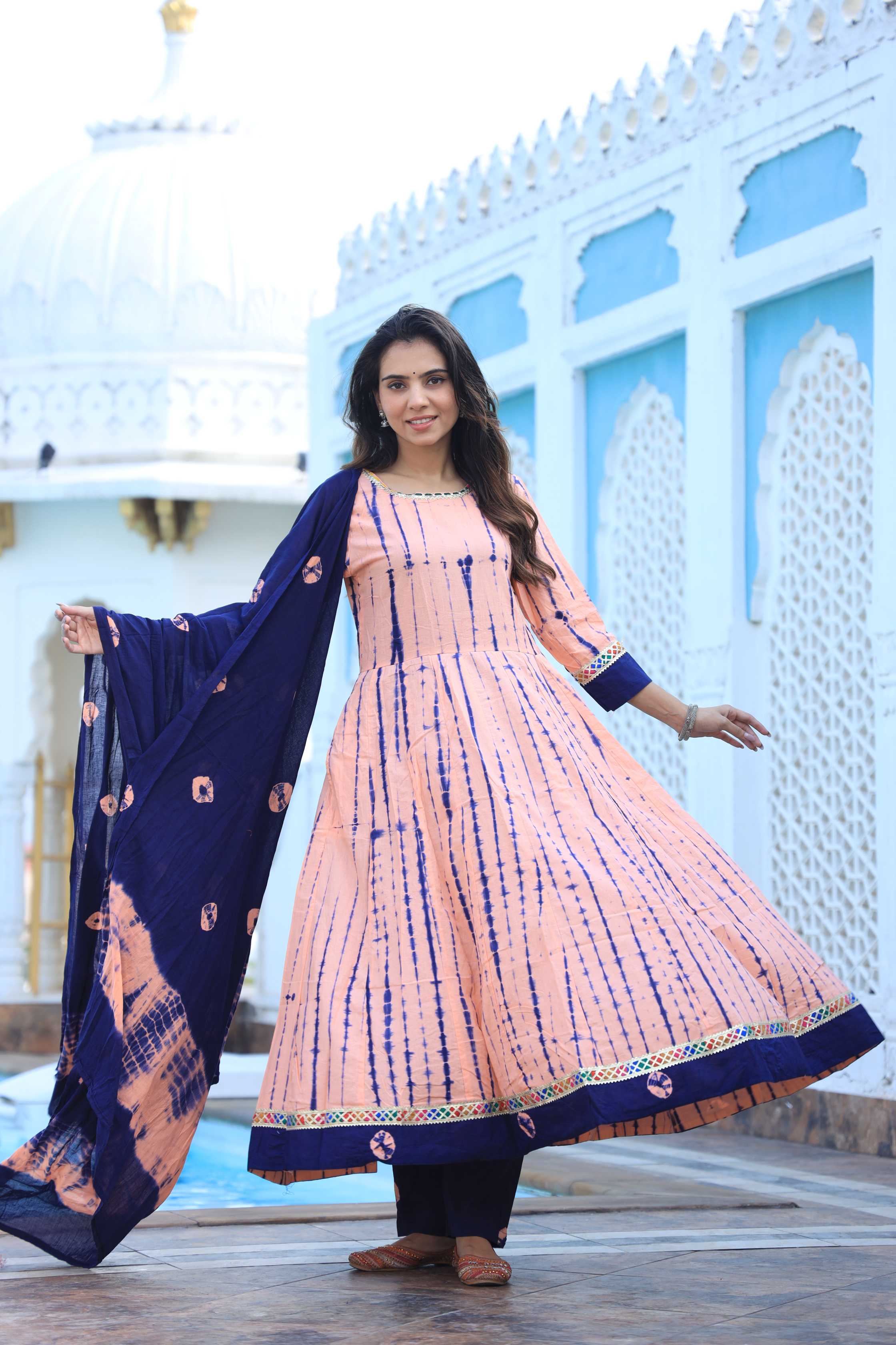 Peach & Navy Blue Hand-Dyed Cotton Anarkali Suit
