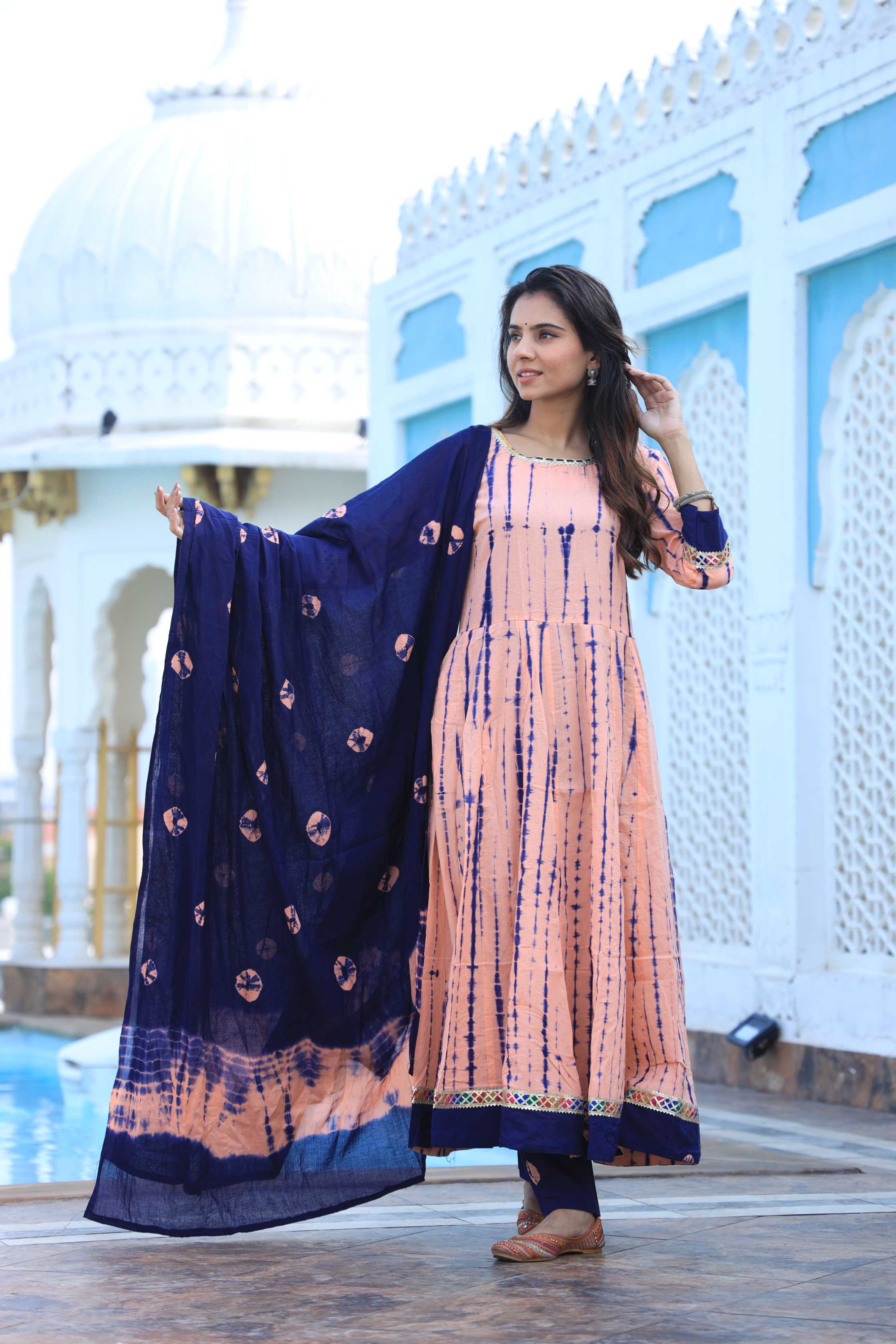 Peach & Navy Blue Hand-Dyed Cotton Anarkali Suit