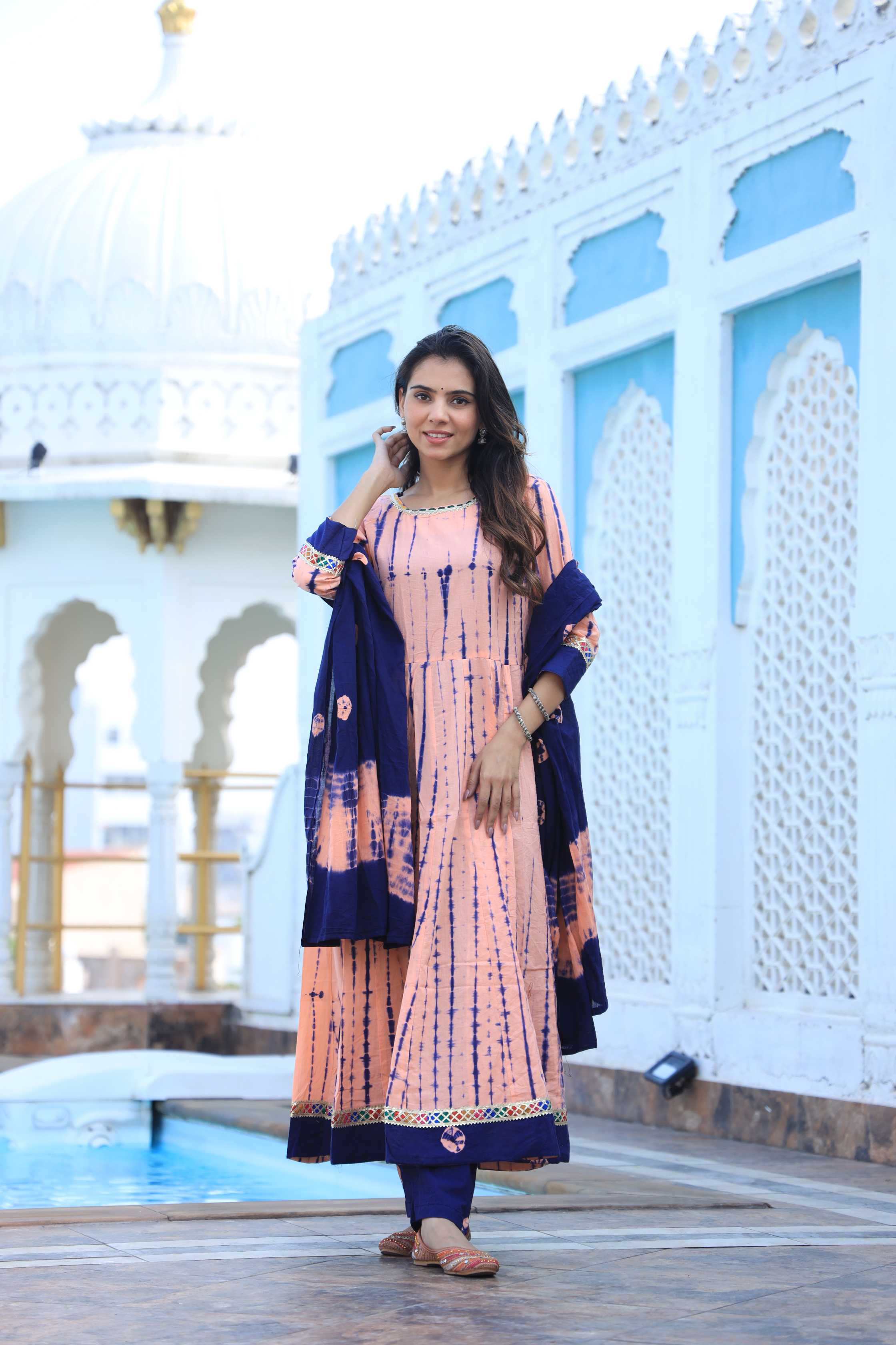 Peach & Navy Blue Hand-Dyed Cotton Anarkali Suit