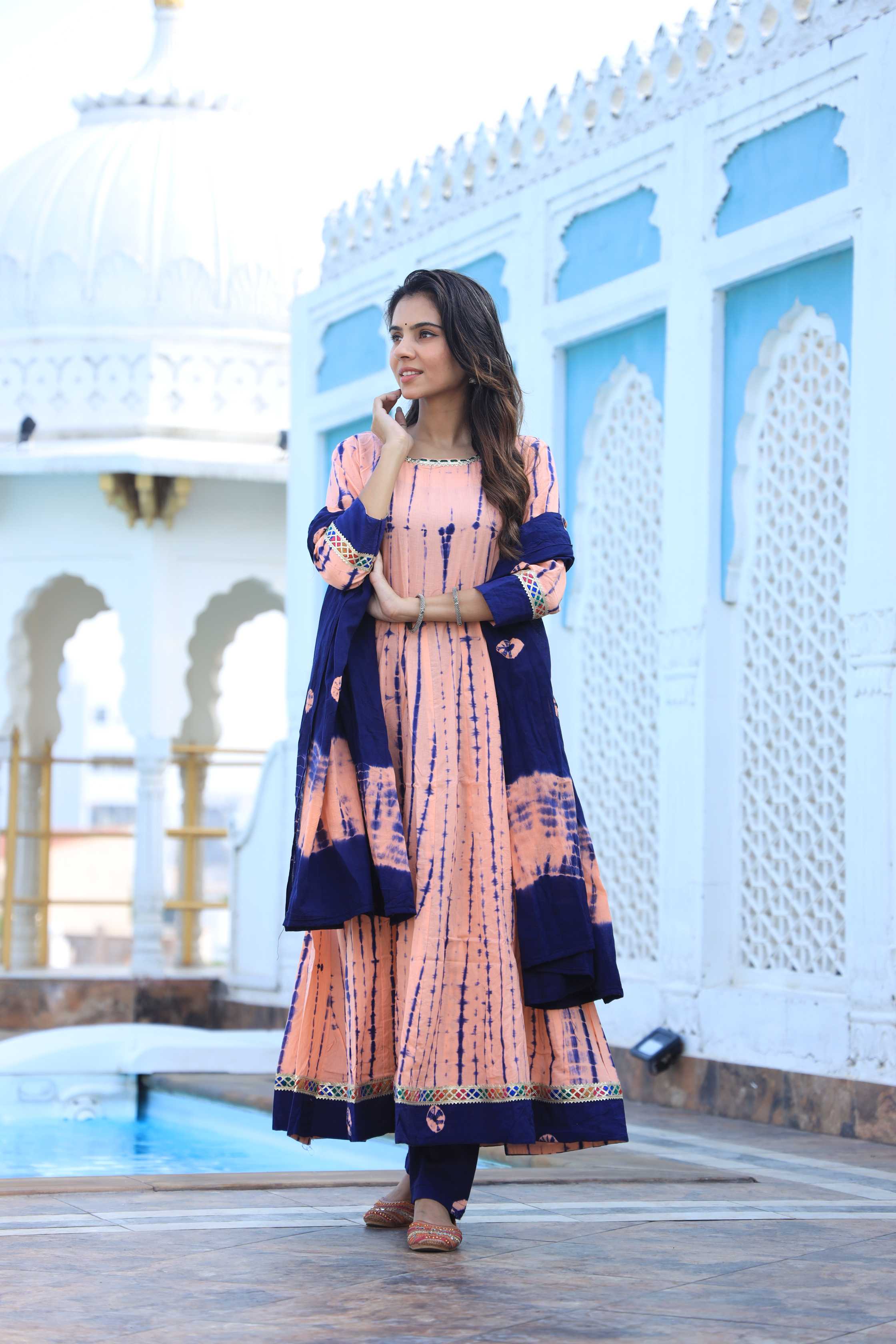 Peach & Navy Blue Hand-Dyed Cotton Anarkali Suit