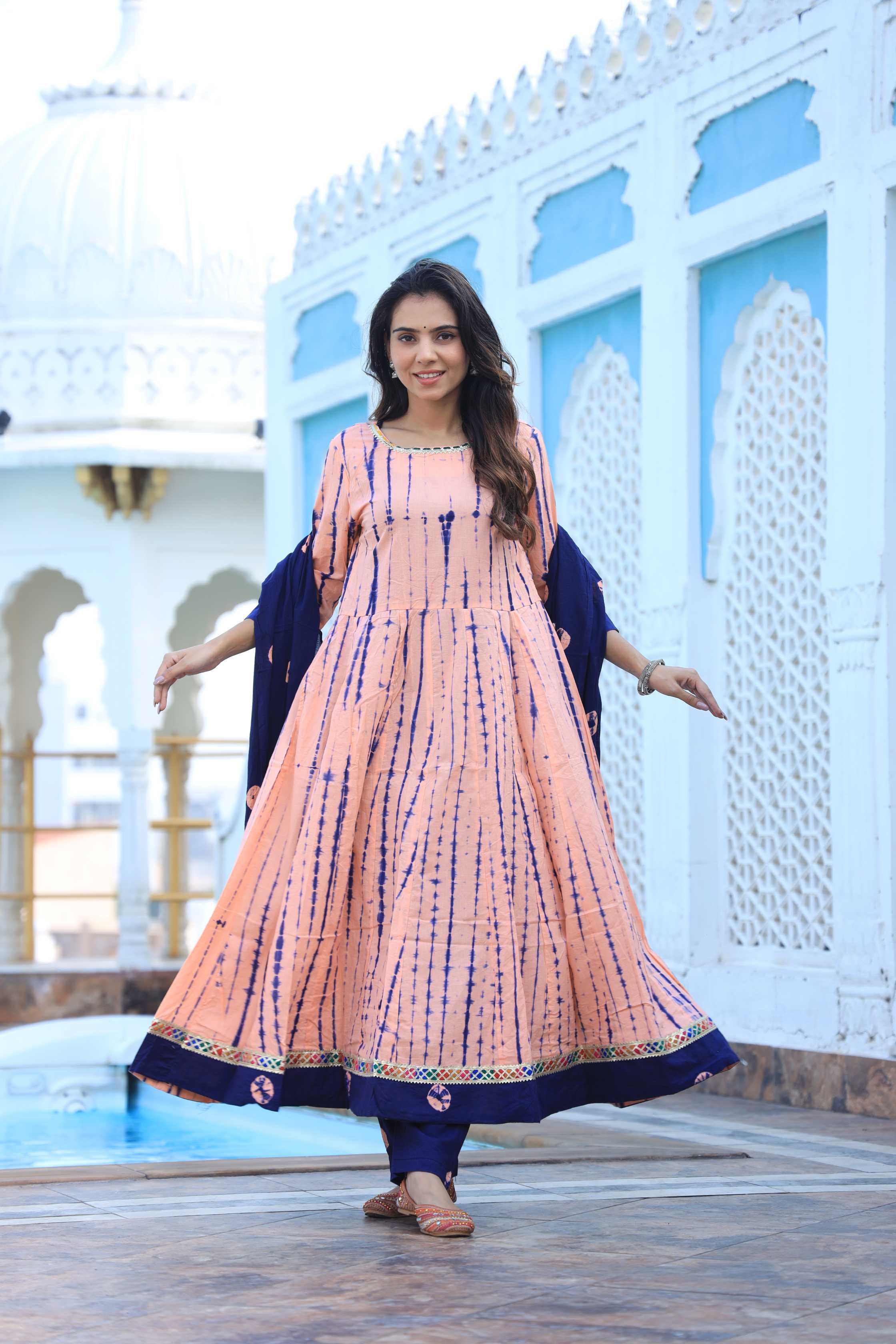 Peach & Navy Blue Hand-Dyed Cotton Anarkali Suit