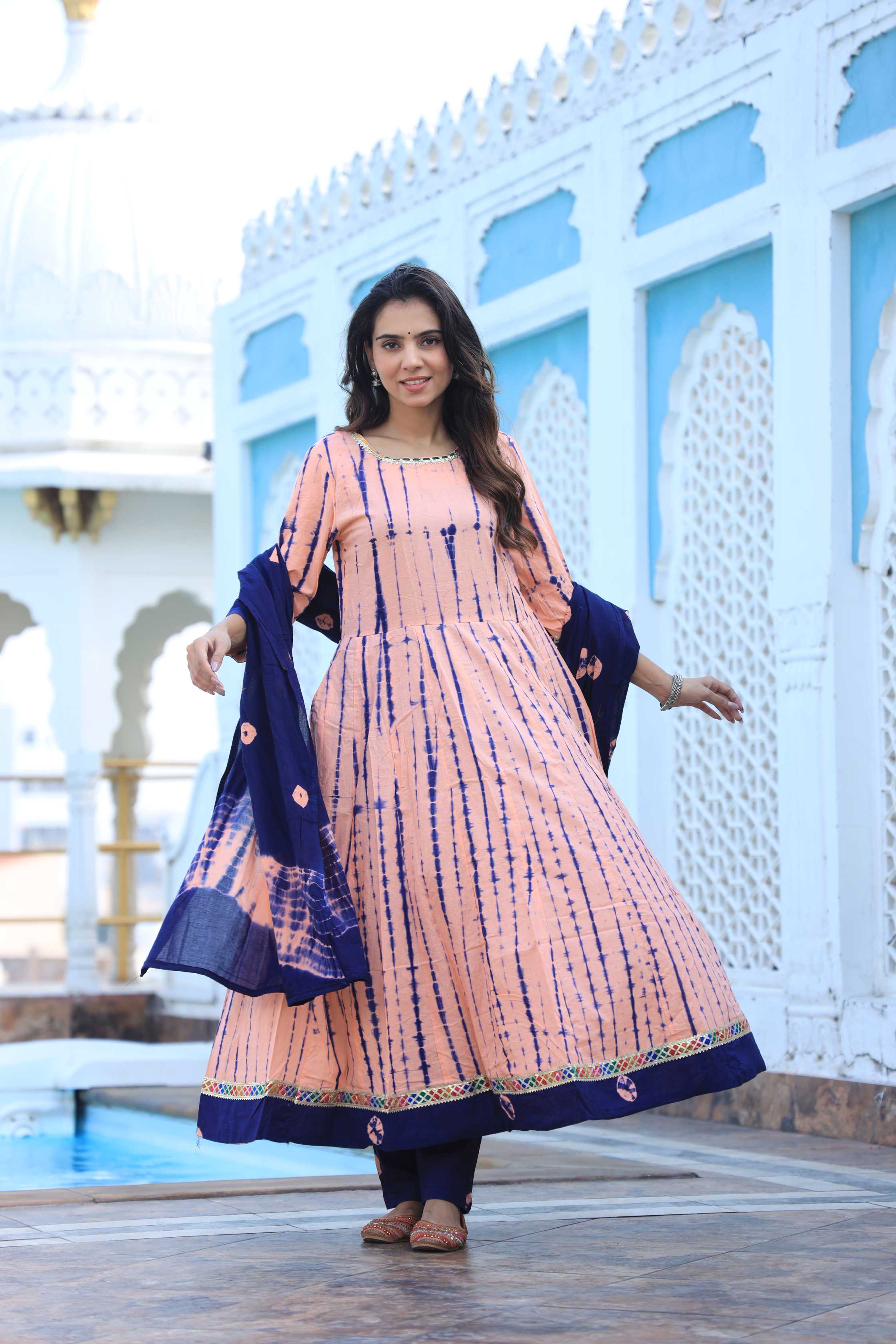 Peach & Navy Blue Hand-Dyed Cotton Anarkali Suit