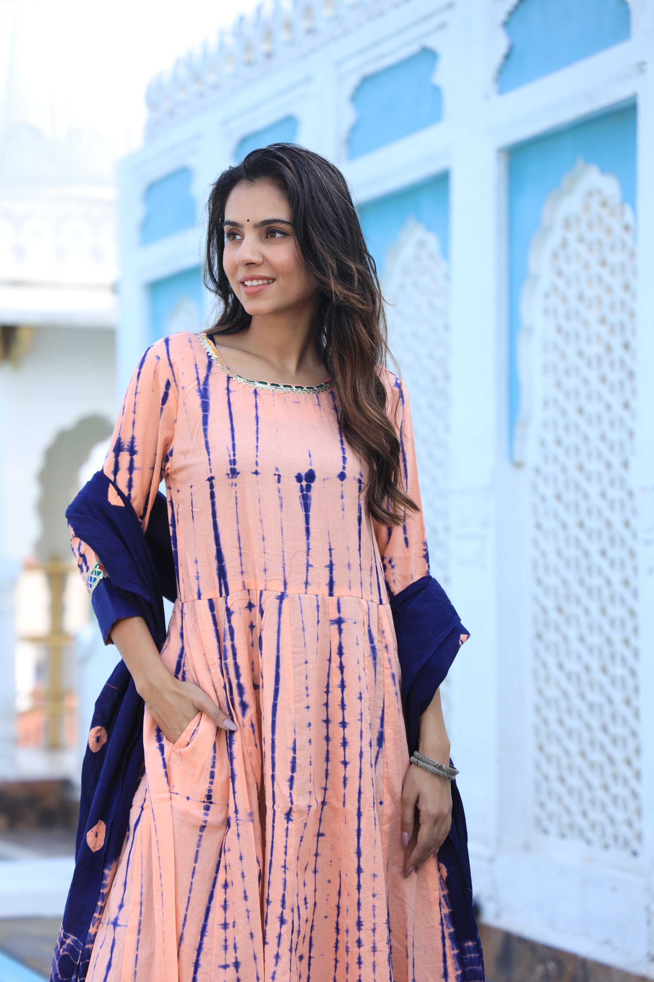 Peach & Navy Blue Hand-Dyed Cotton Anarkali Suit
