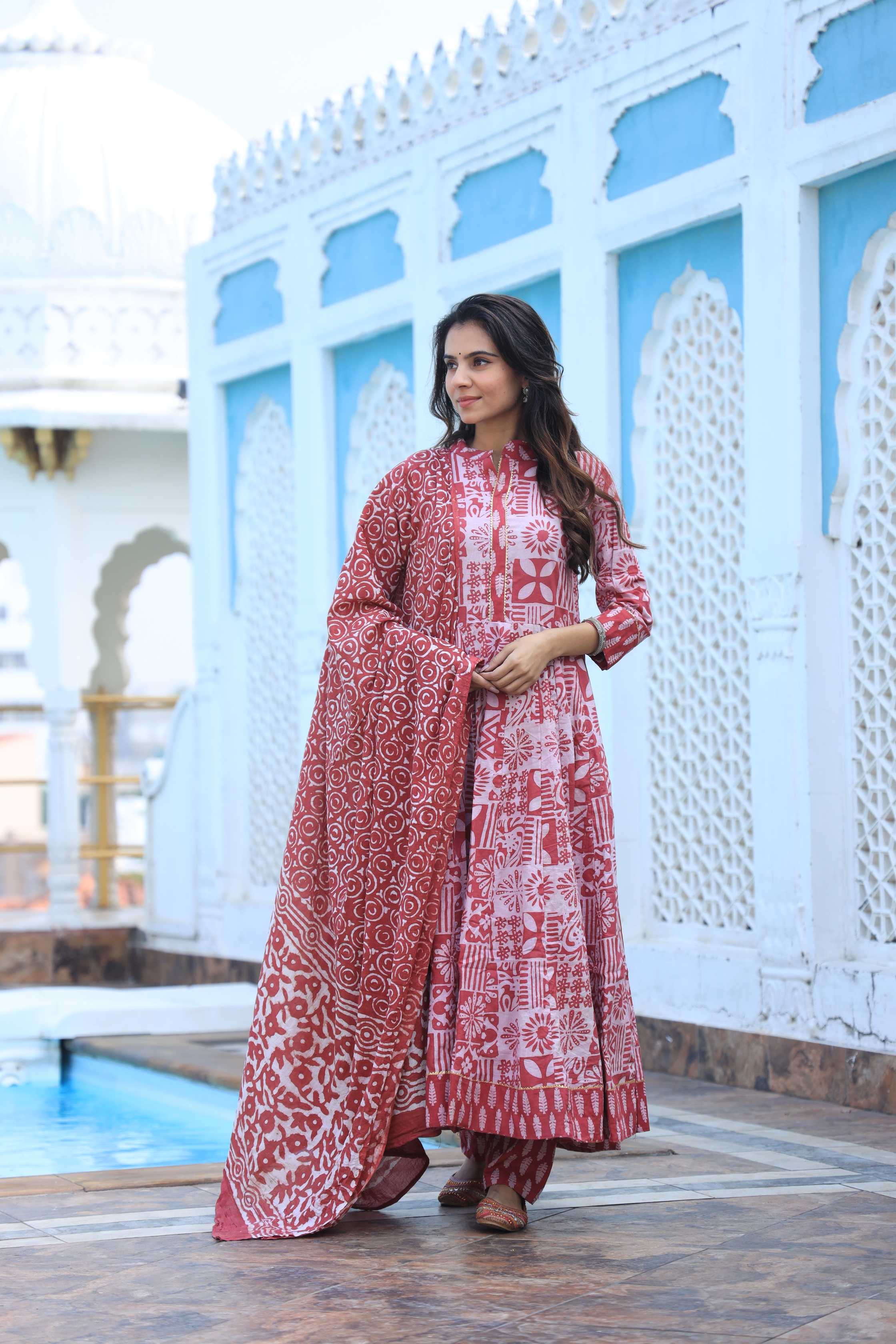 Red & Off-White Geometric Handblock Printed Cotton Anarkali Suit
