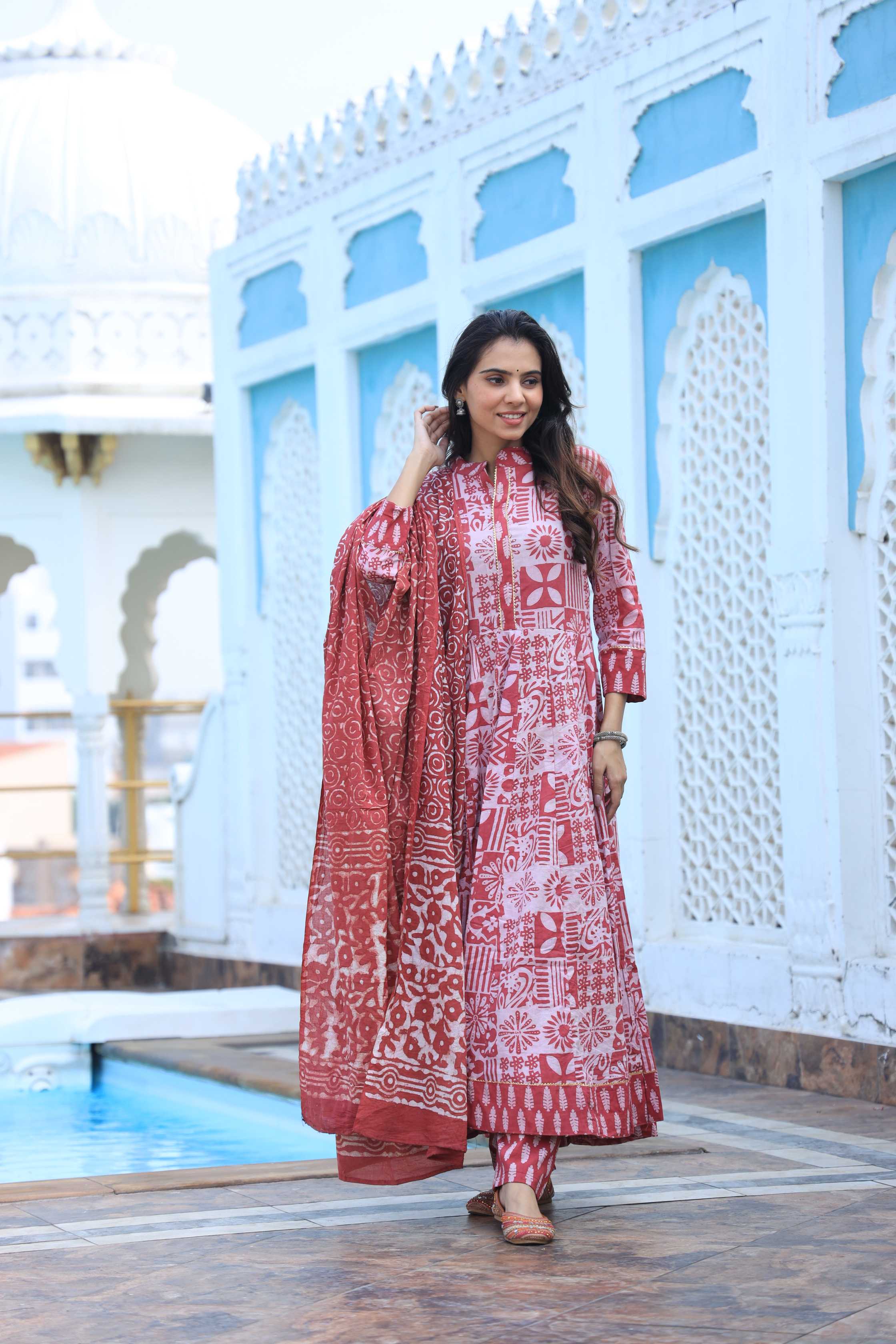 Red & Off-White Geometric Handblock Printed Cotton Anarkali Suit