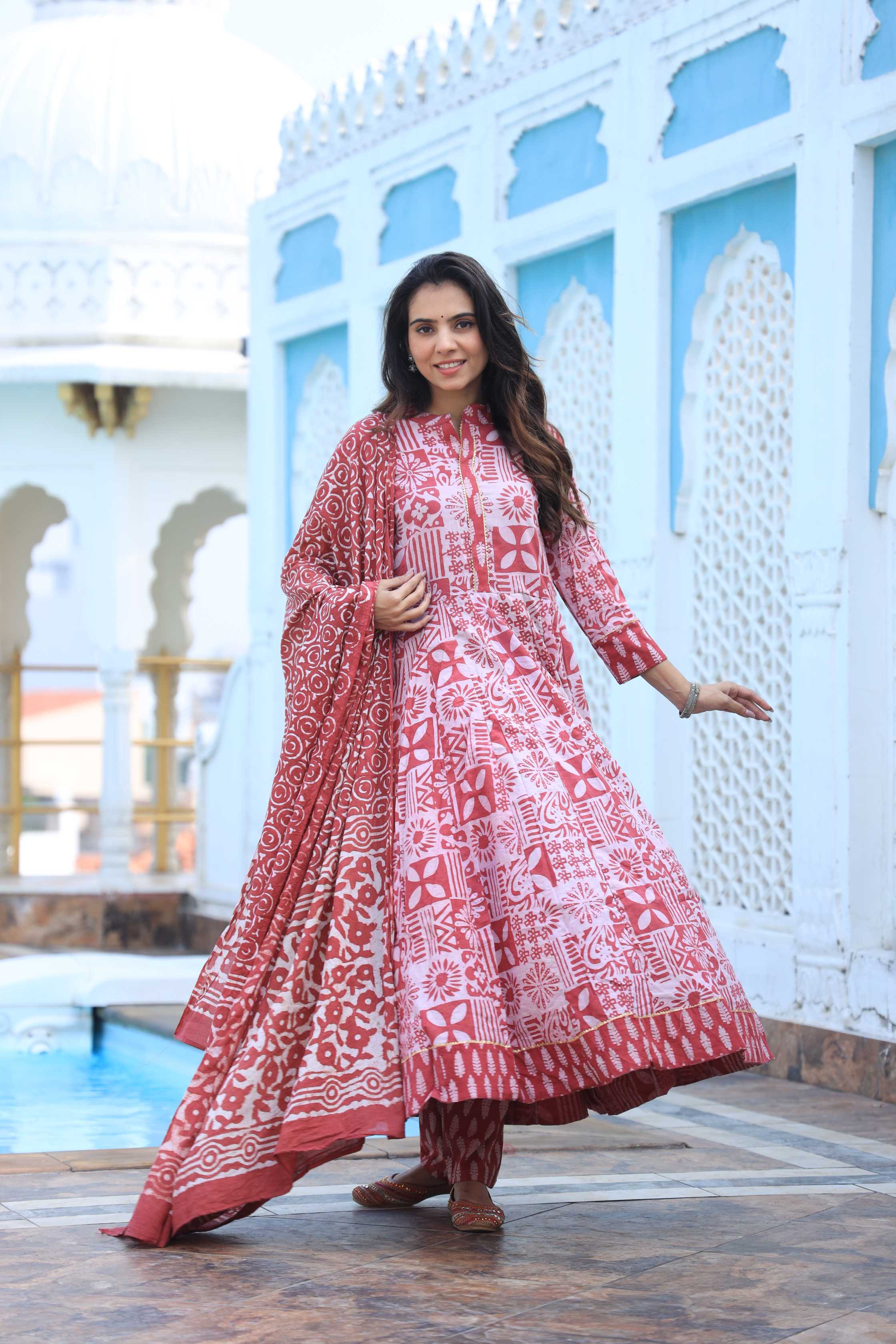 Red & Off-White Geometric Handblock Printed Cotton Anarkali Suit