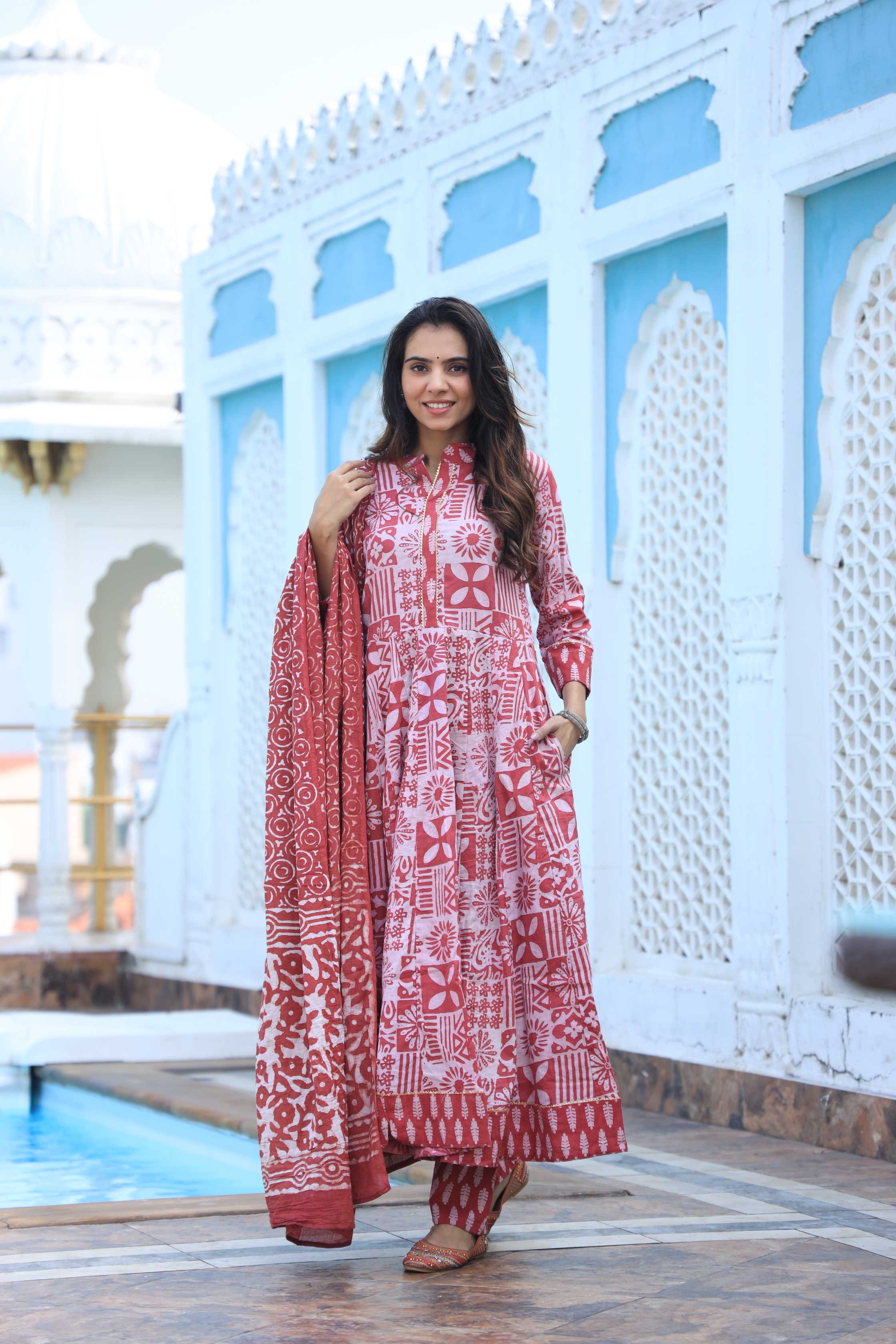 Red & Off-White Geometric Handblock Printed Cotton Anarkali Suit