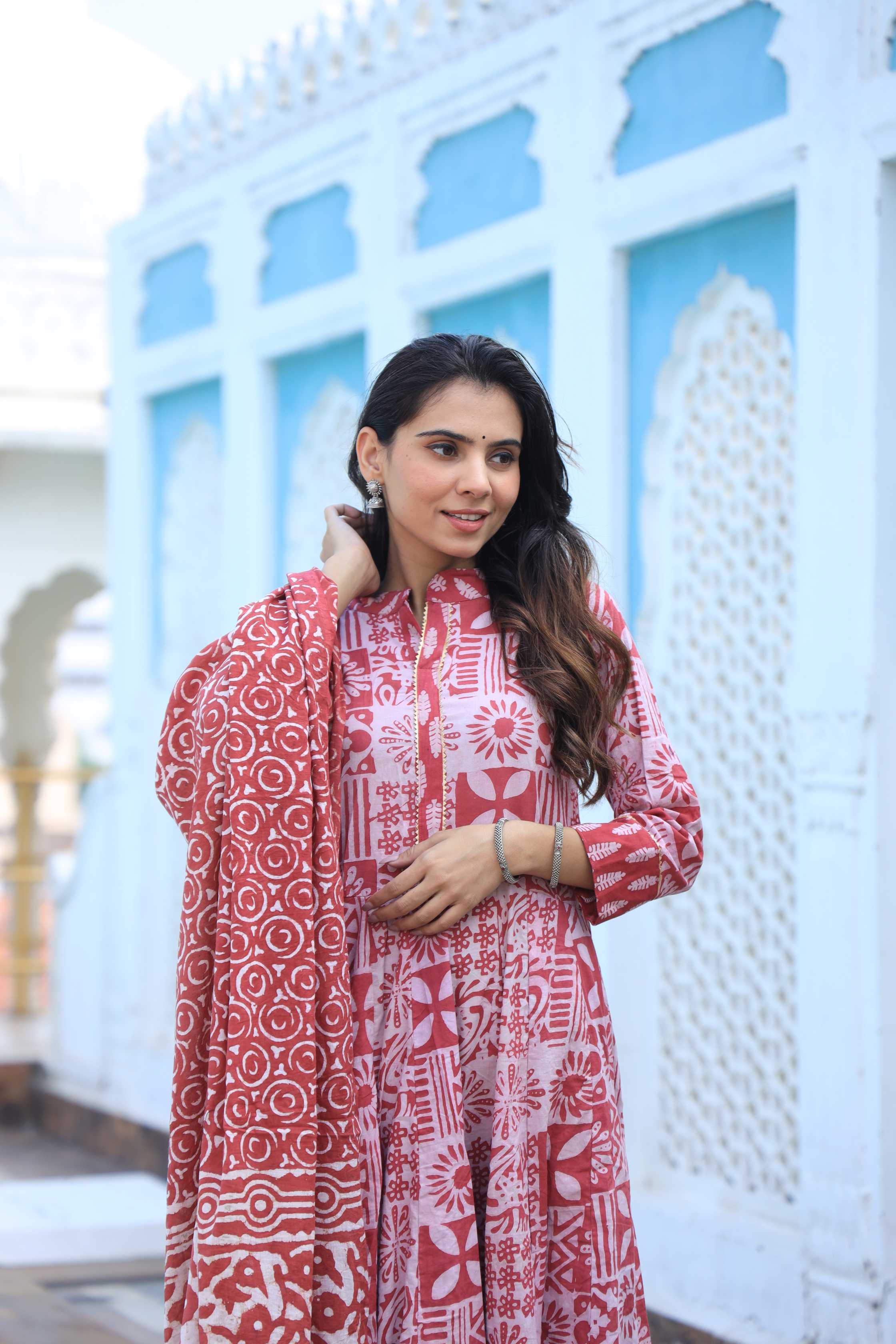 Red & Off-White Geometric Handblock Printed Cotton Anarkali Suit