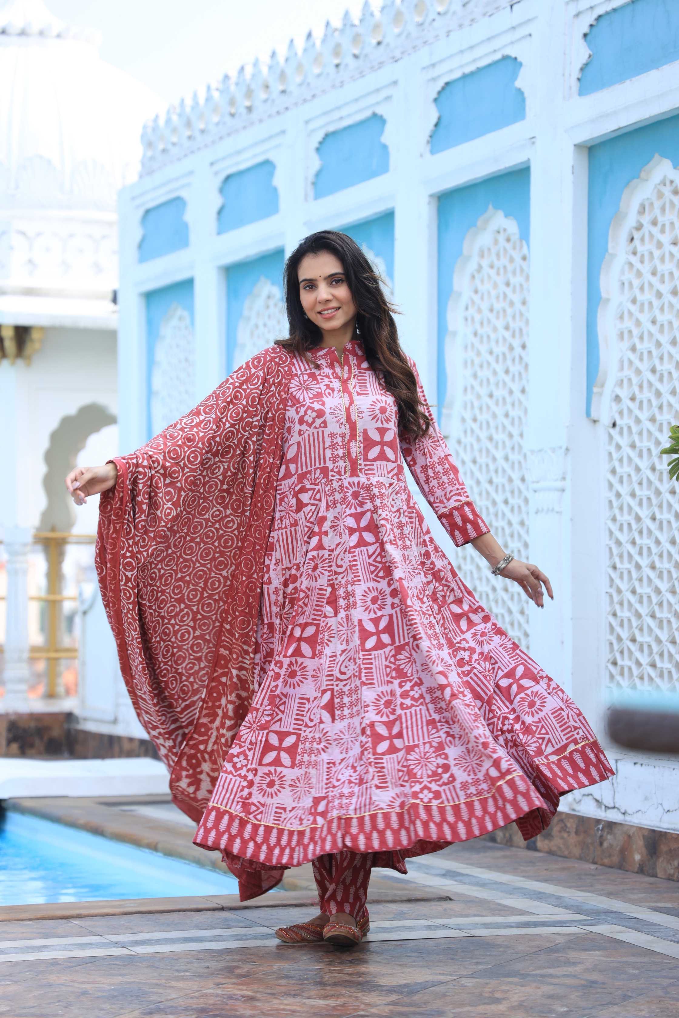 Red & Off-White Geometric Handblock Printed Cotton Anarkali Suit