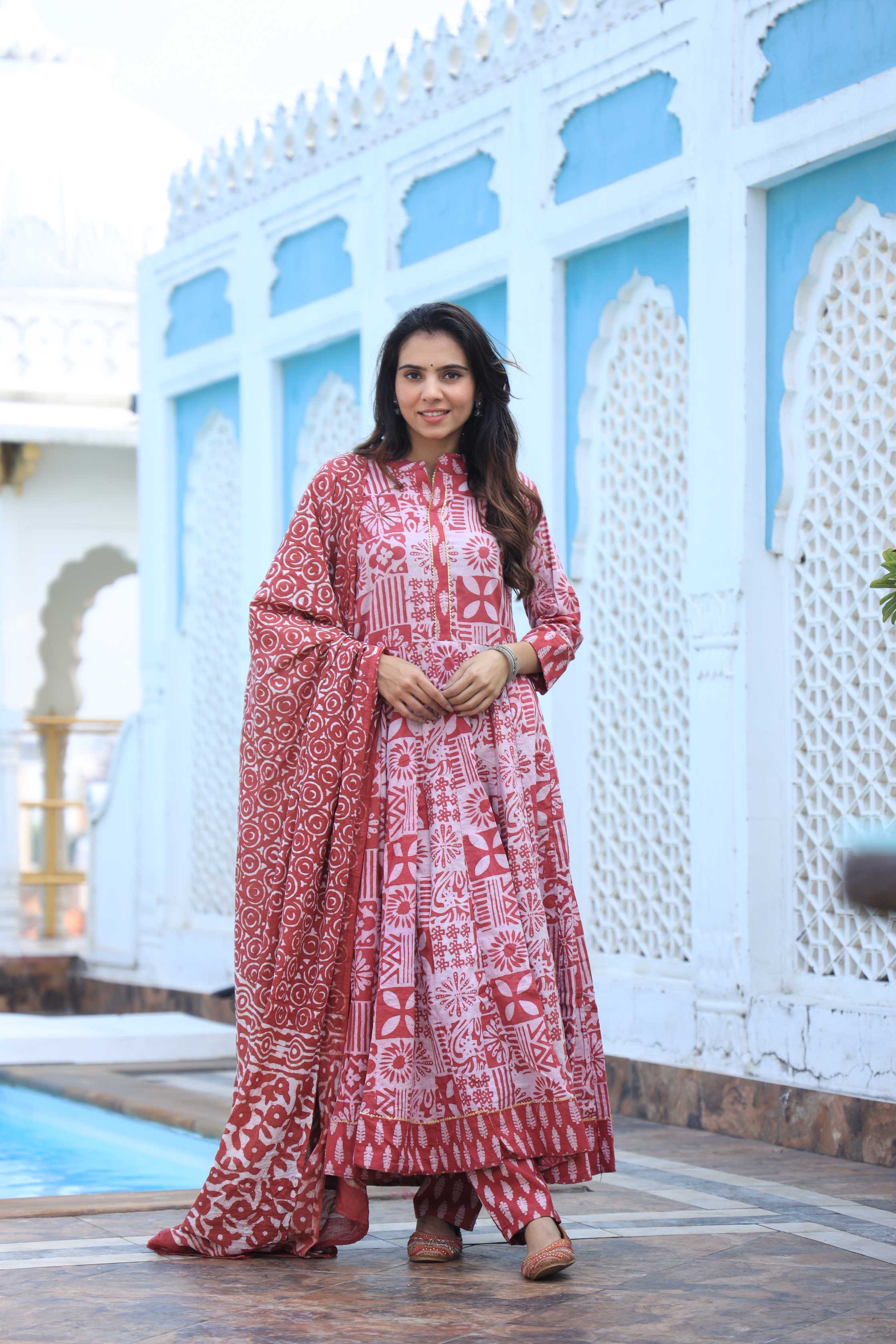 Red & Off-White Geometric Handblock Printed Cotton Anarkali Suit