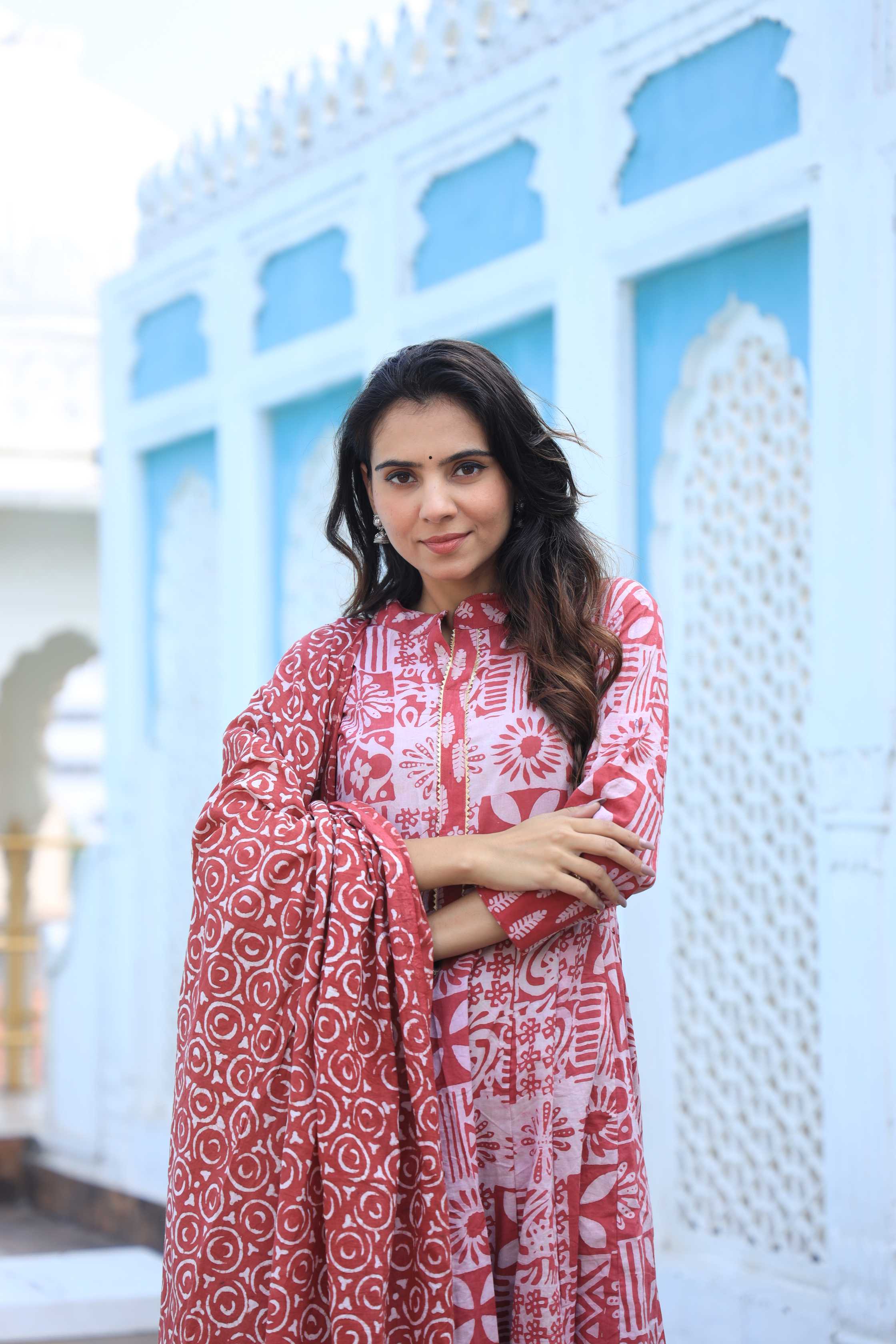 Red & Off-White Geometric Handblock Printed Cotton Anarkali Suit