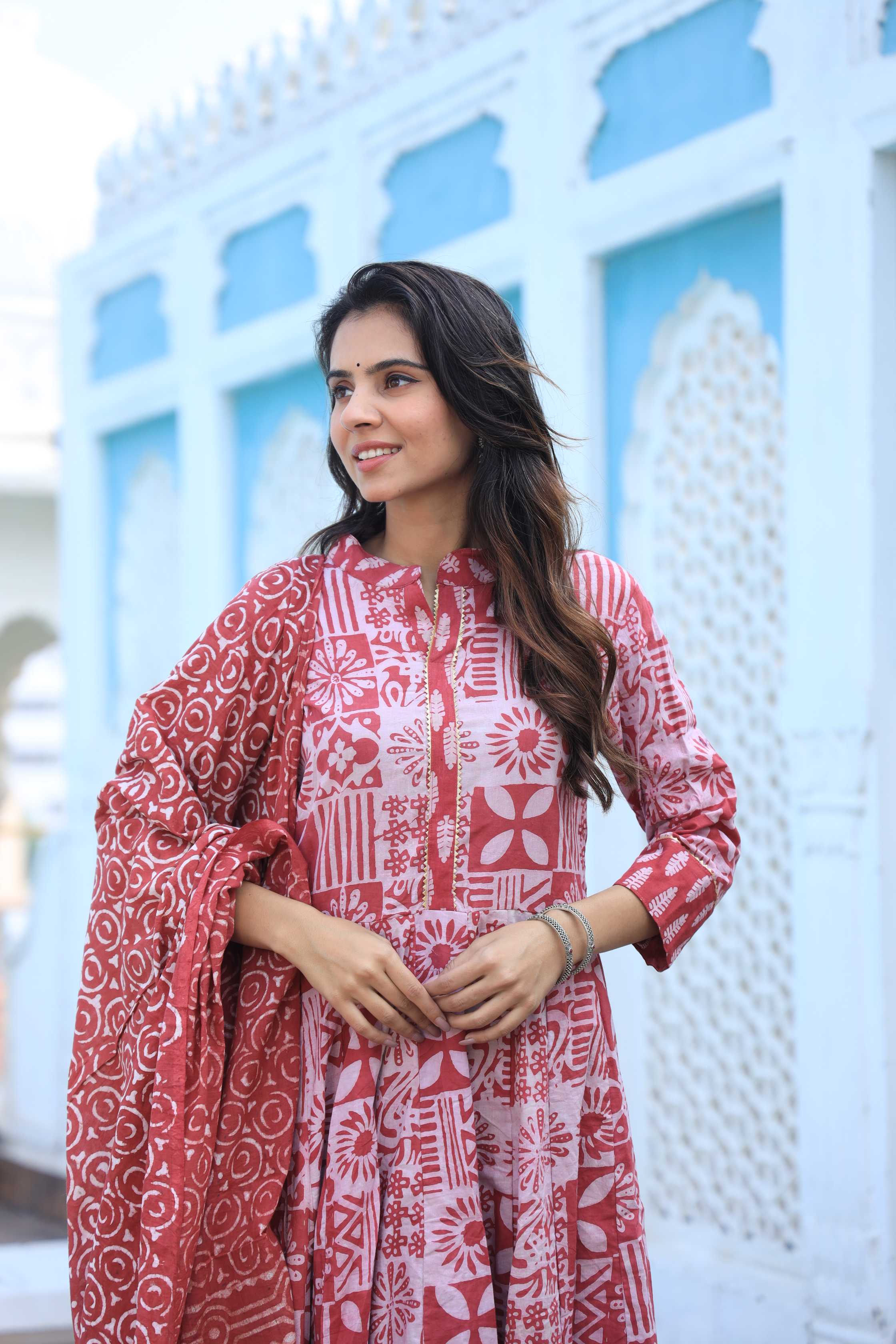 Red & Off-White Geometric Handblock Printed Cotton Anarkali Suit