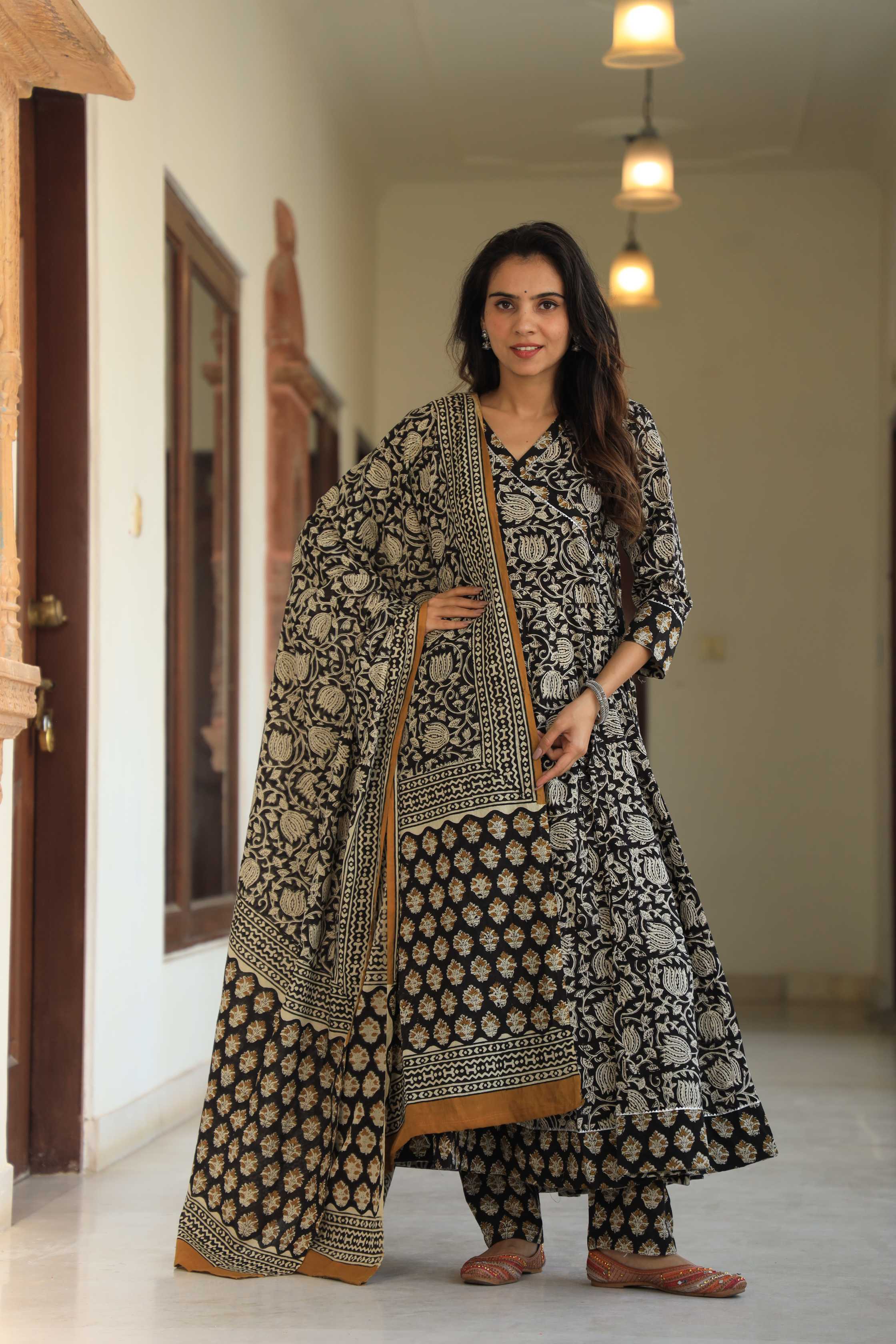 Black & Mustard Lotus Handblock Printed Wrap Anarkali Suit