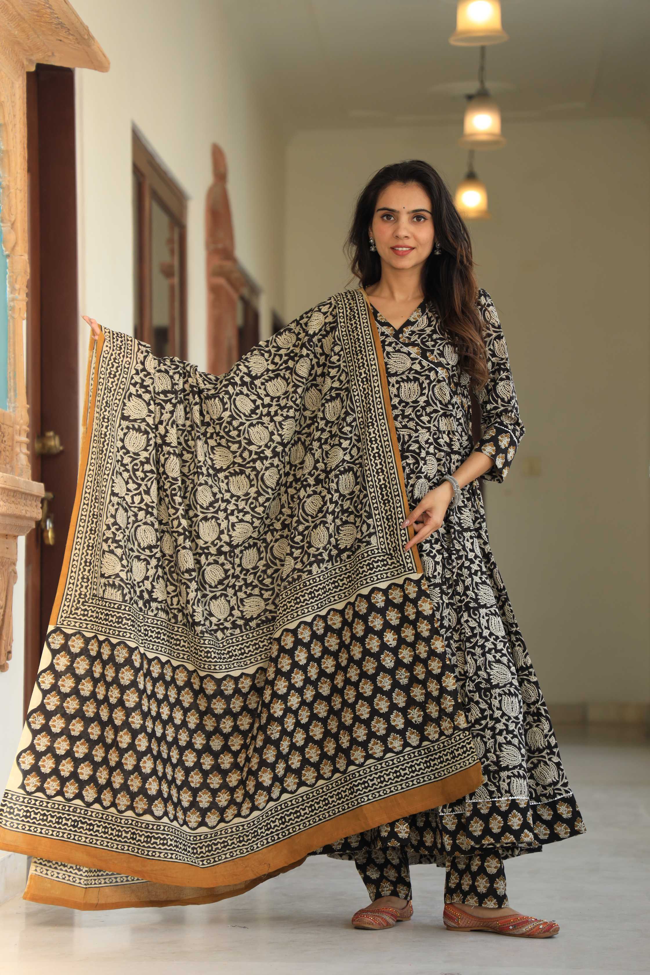 Black & Mustard Lotus Handblock Printed Wrap Anarkali Suit