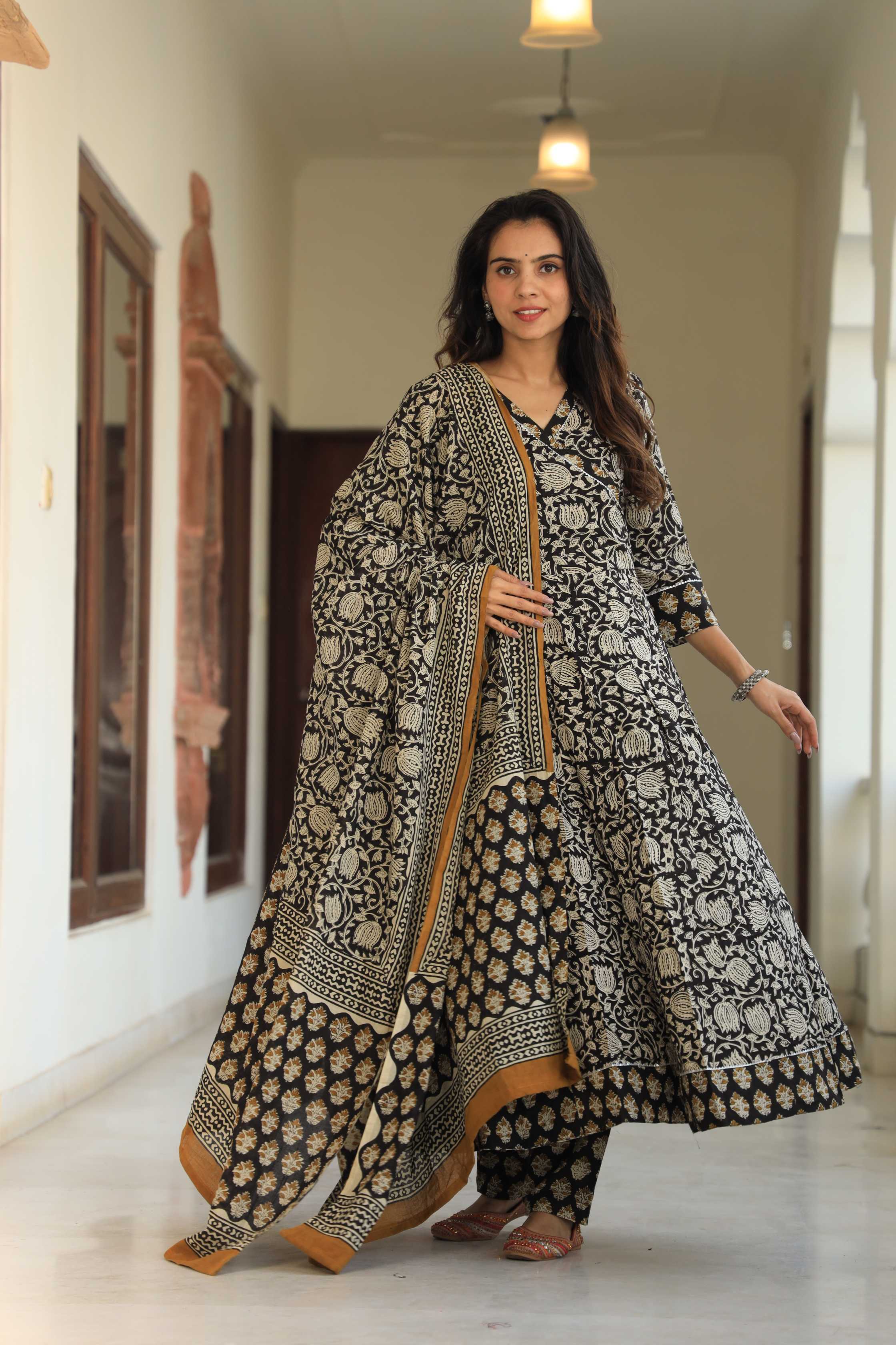 Black & Mustard Lotus Handblock Printed Wrap Anarkali Suit