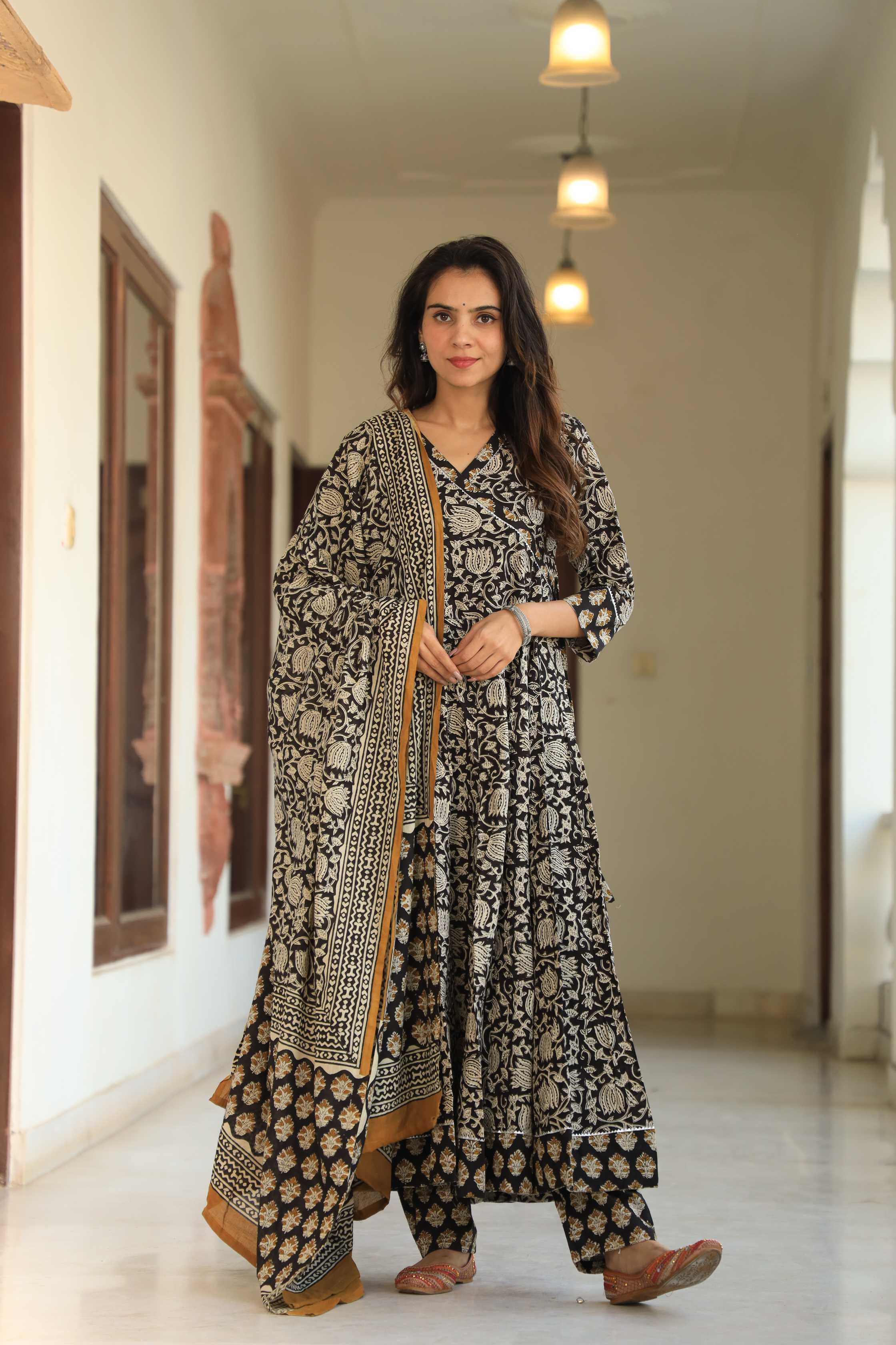 Black & Mustard Lotus Handblock Printed Wrap Anarkali Suit