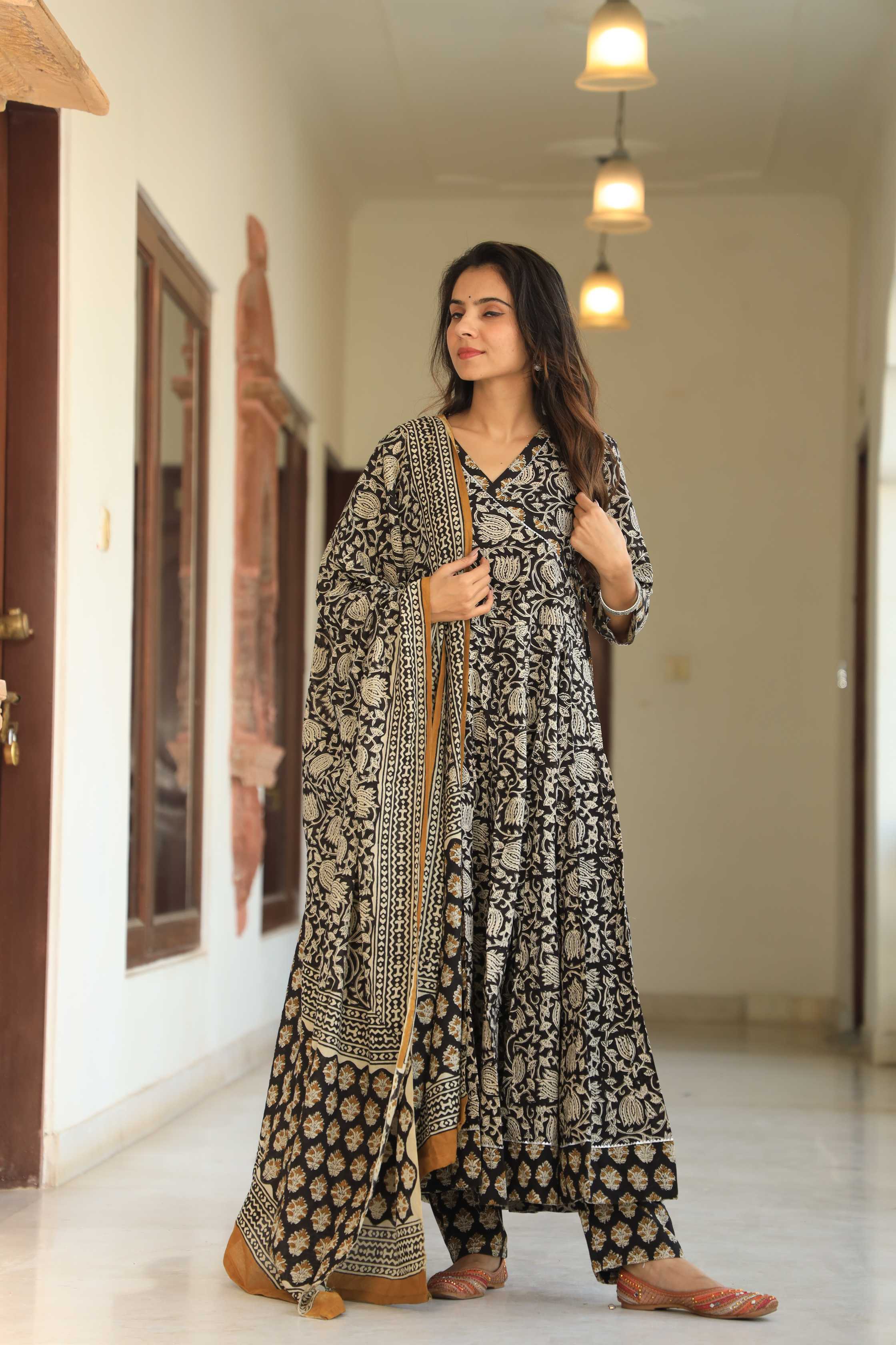 Black & Mustard Lotus Handblock Printed Wrap Anarkali Suit