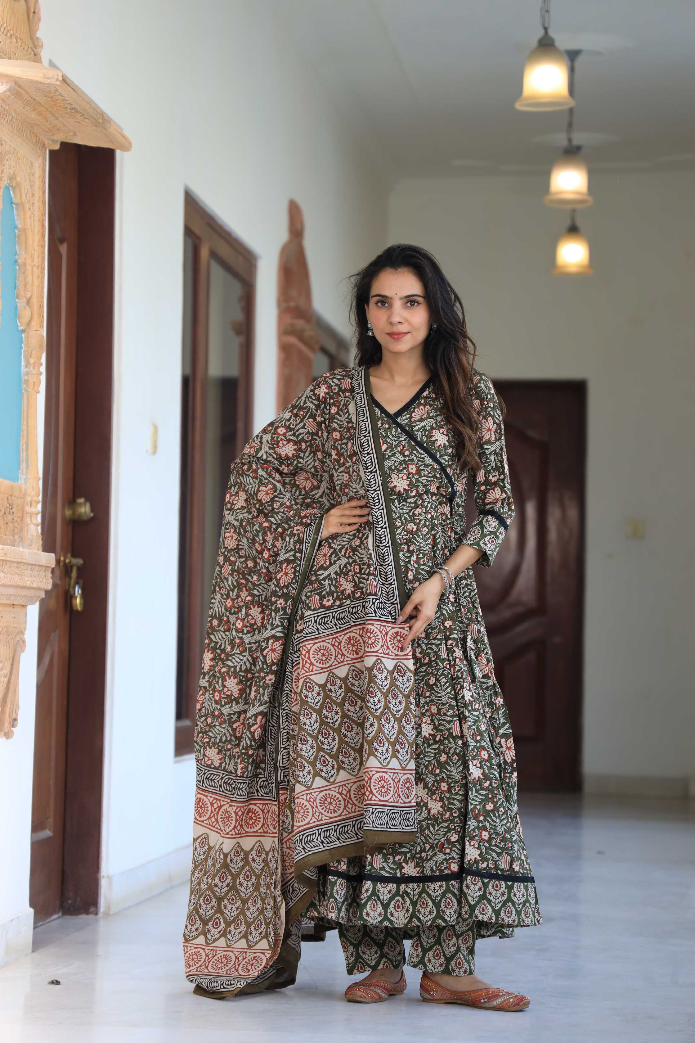 Olive Green Floral Handblock Printed Wrap Anarkali Suit