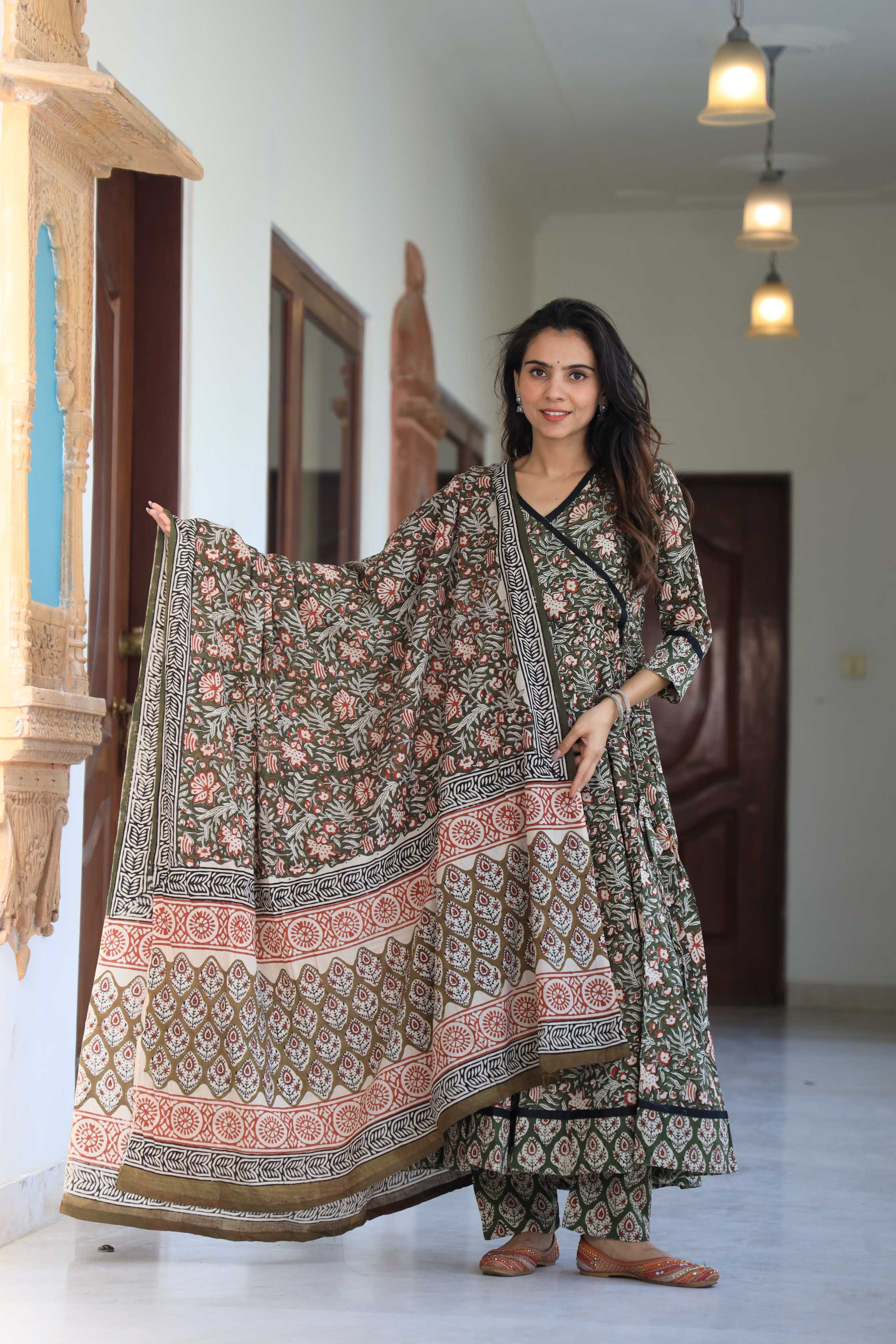 Olive Green Floral Handblock Printed Wrap Anarkali Suit