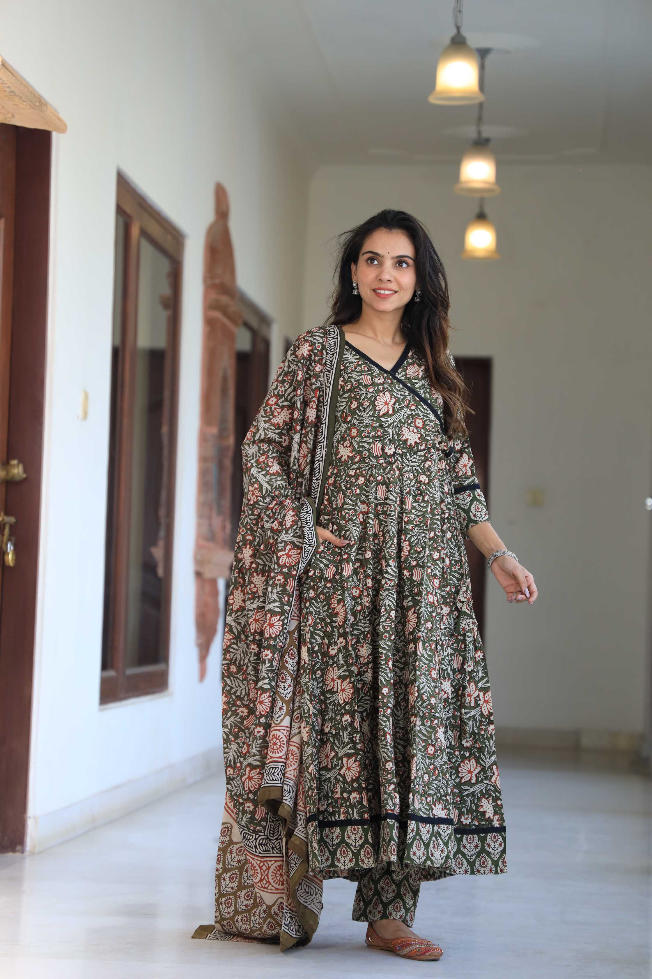 Olive Green Floral Handblock Printed Wrap Anarkali Suit