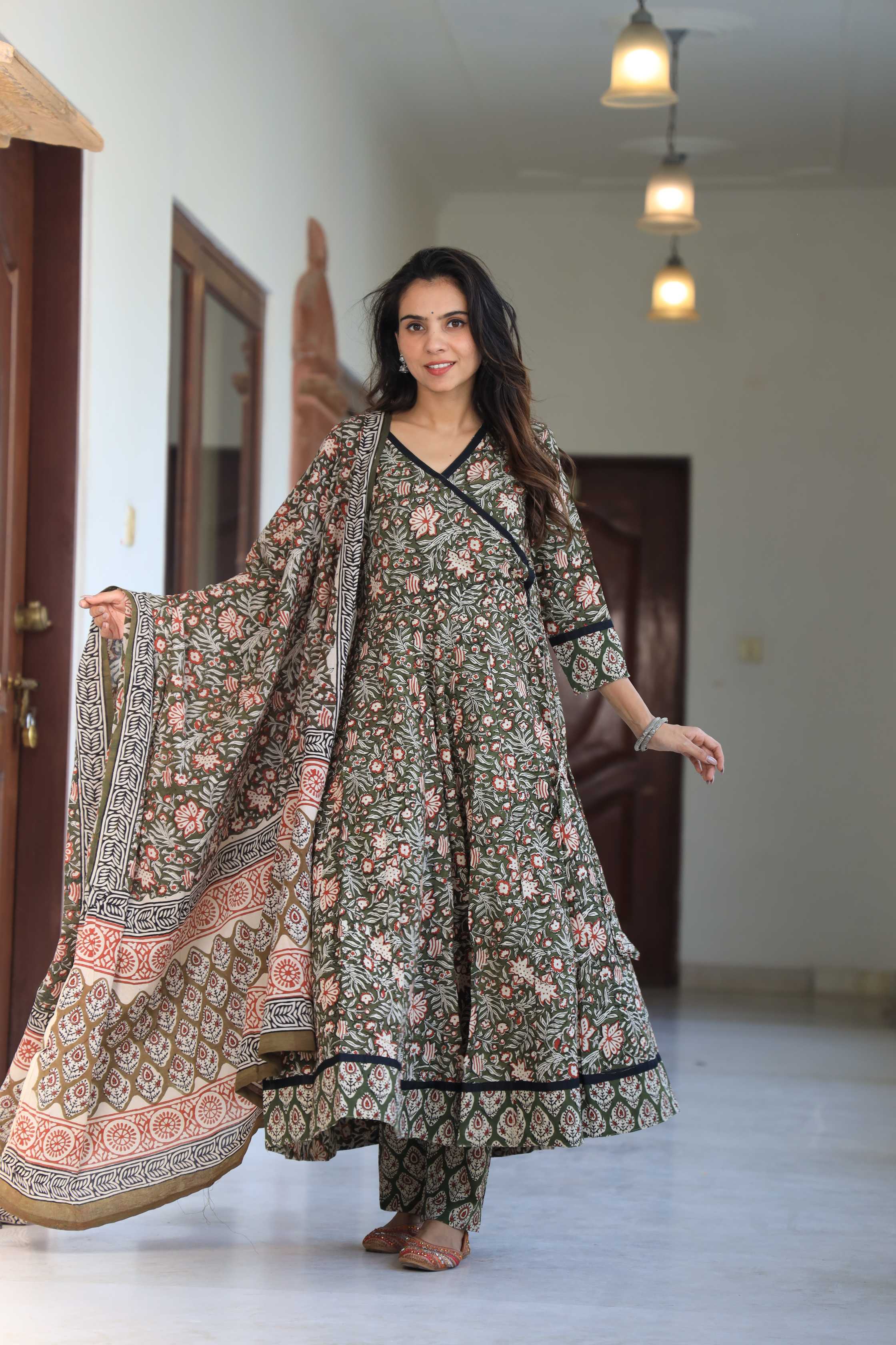 Olive Green Floral Handblock Printed Wrap Anarkali Suit