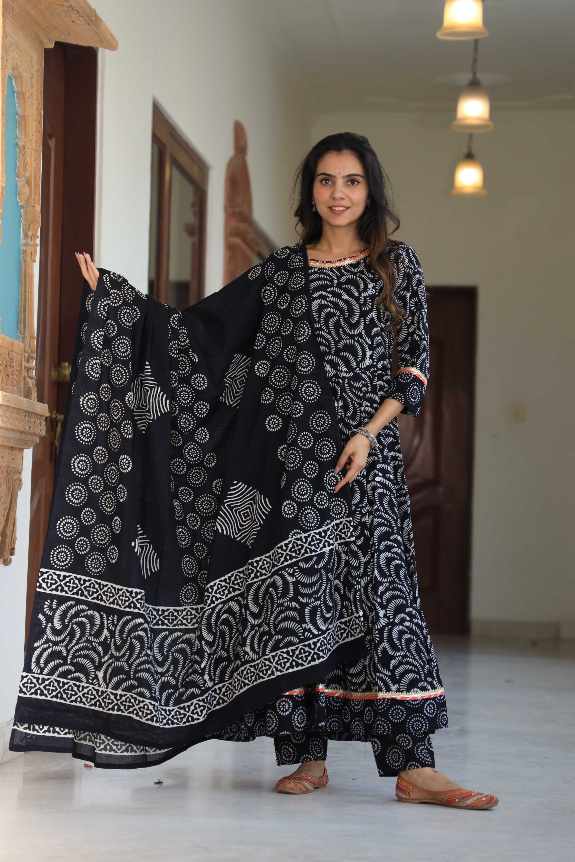 Black & White Spiral Handblock Printed Cotton Anarkali Suit