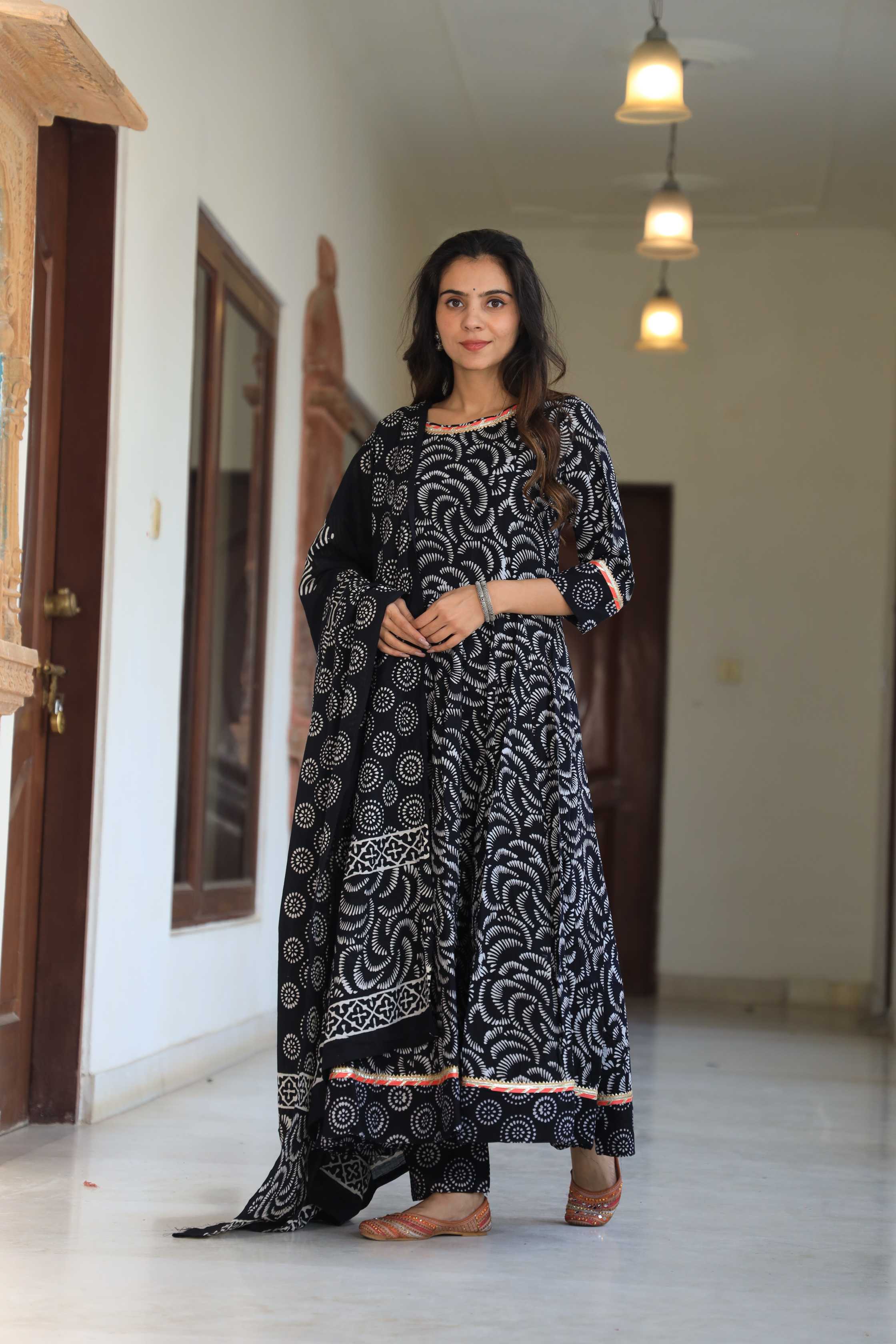 Black & White Spiral Handblock Printed Cotton Anarkali Suit