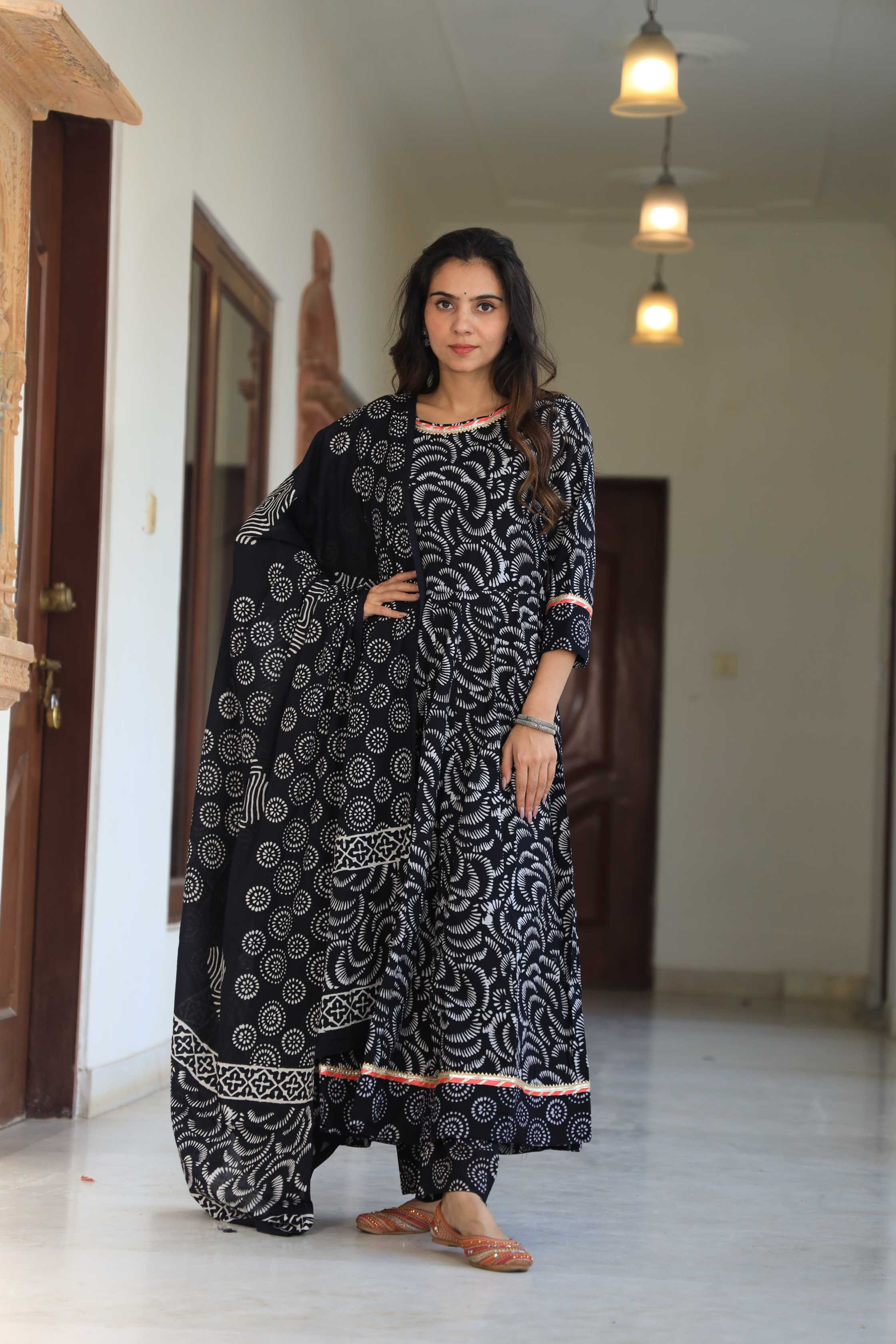 Black & White Spiral Handblock Printed Cotton Anarkali Suit