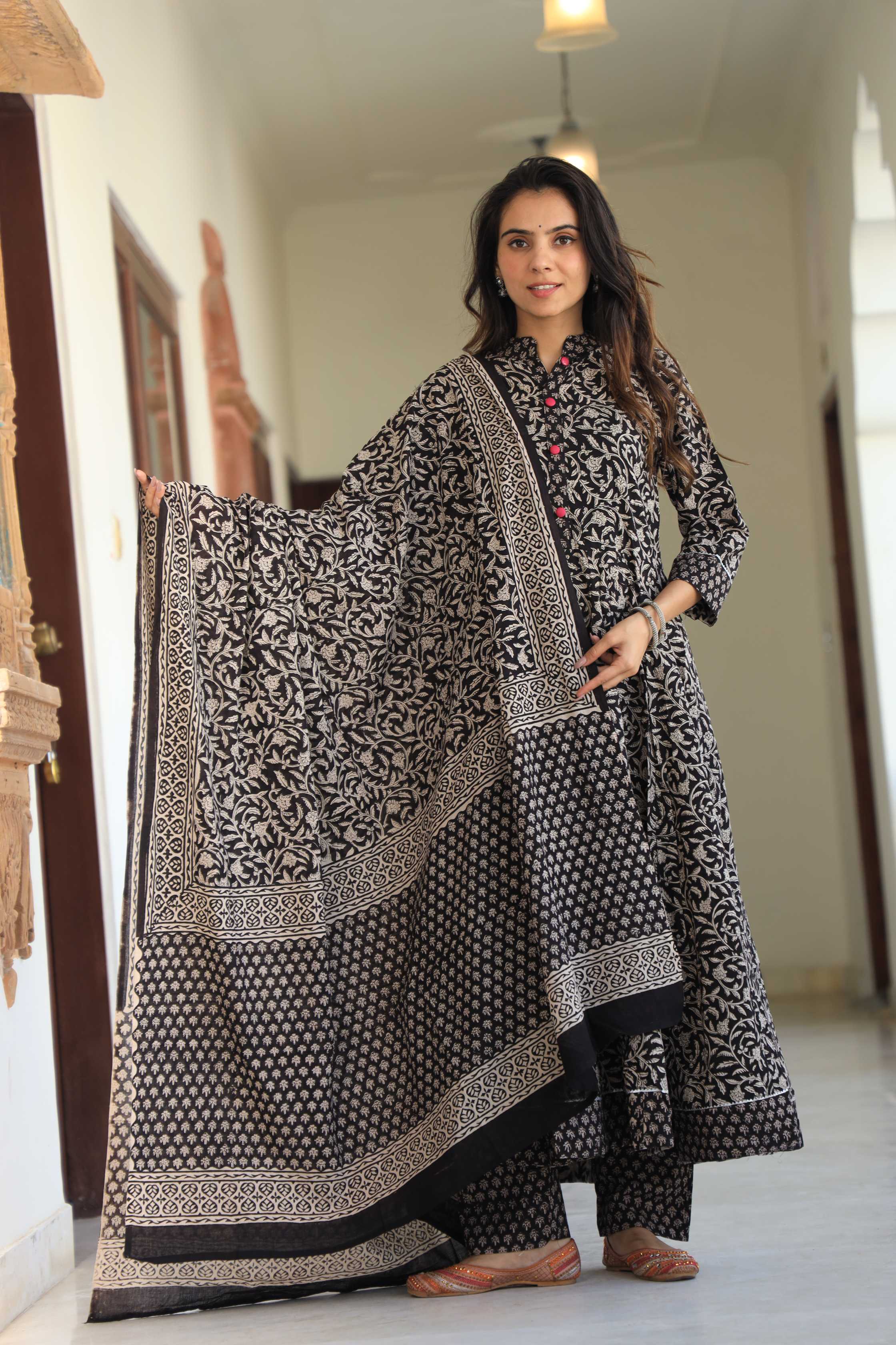 Charcoal Black Floral Handblock Printed Cotton Anarkali Suit