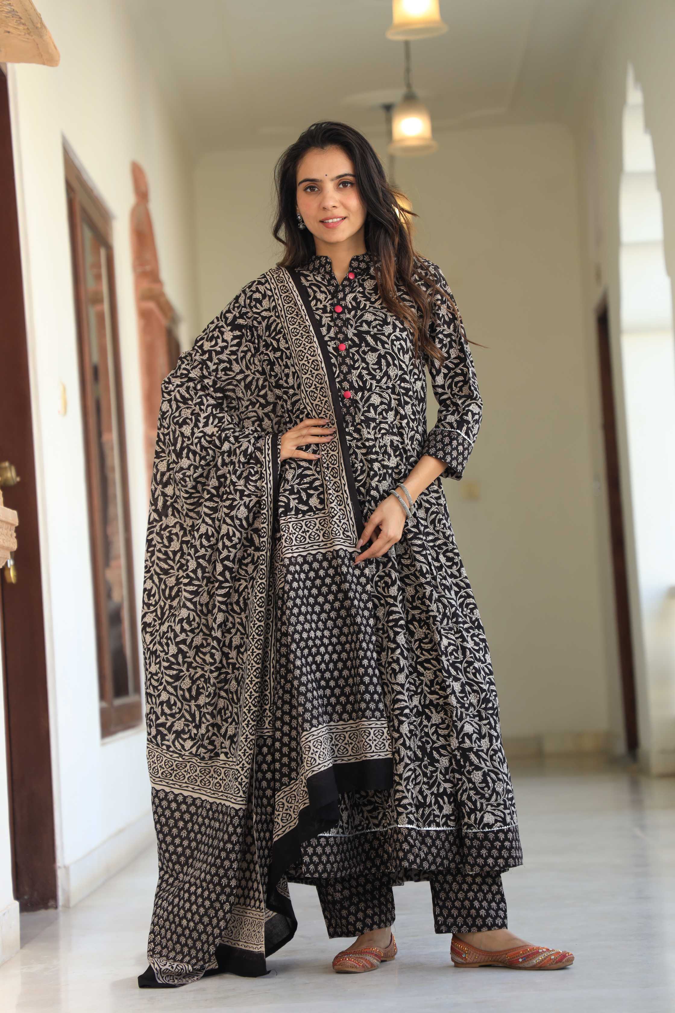 Charcoal Black Floral Handblock Printed Cotton Anarkali Suit