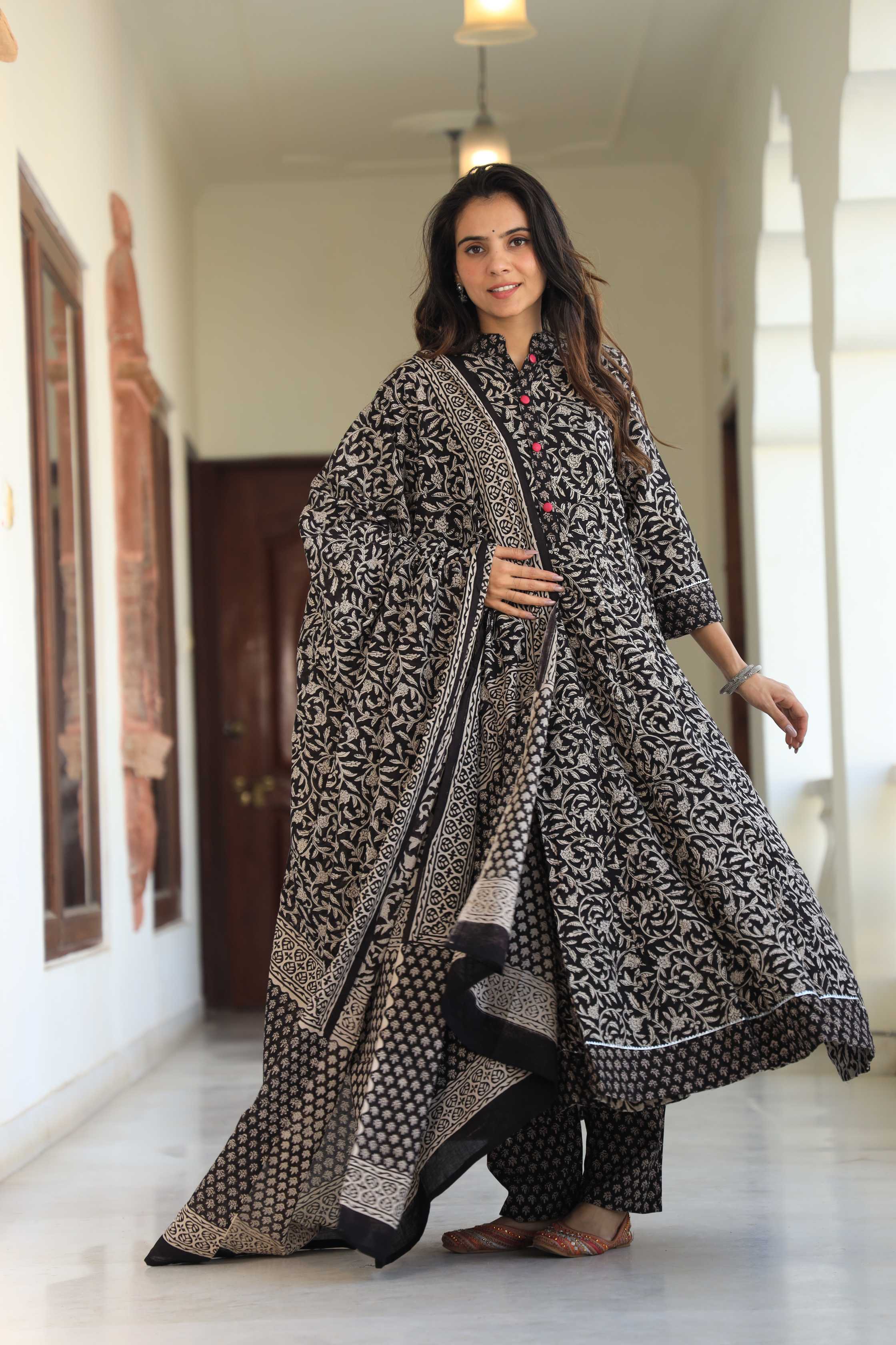 Charcoal Black Floral Handblock Printed Cotton Anarkali Suit