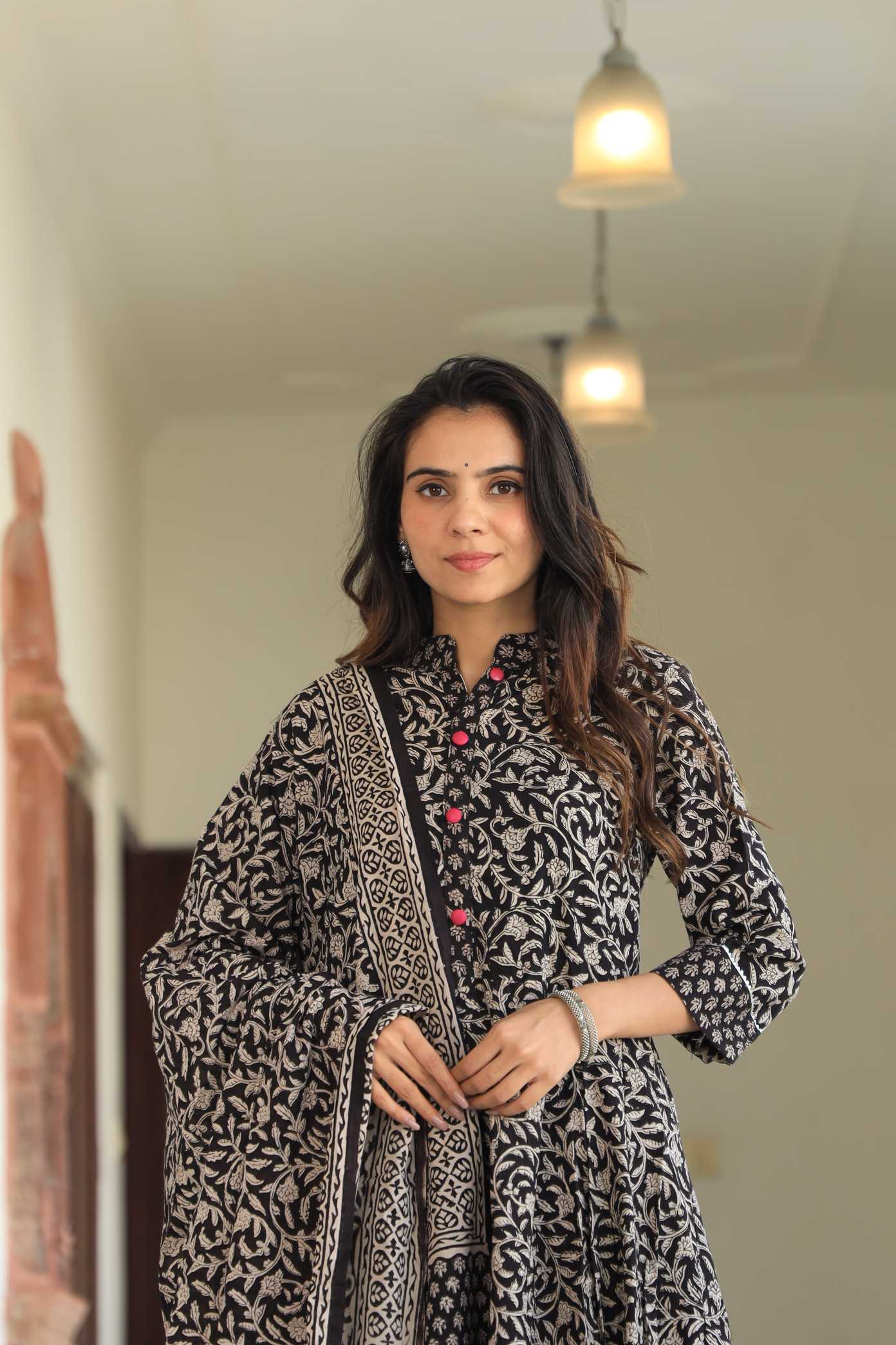 Charcoal Black Floral Handblock Printed Cotton Anarkali Suit