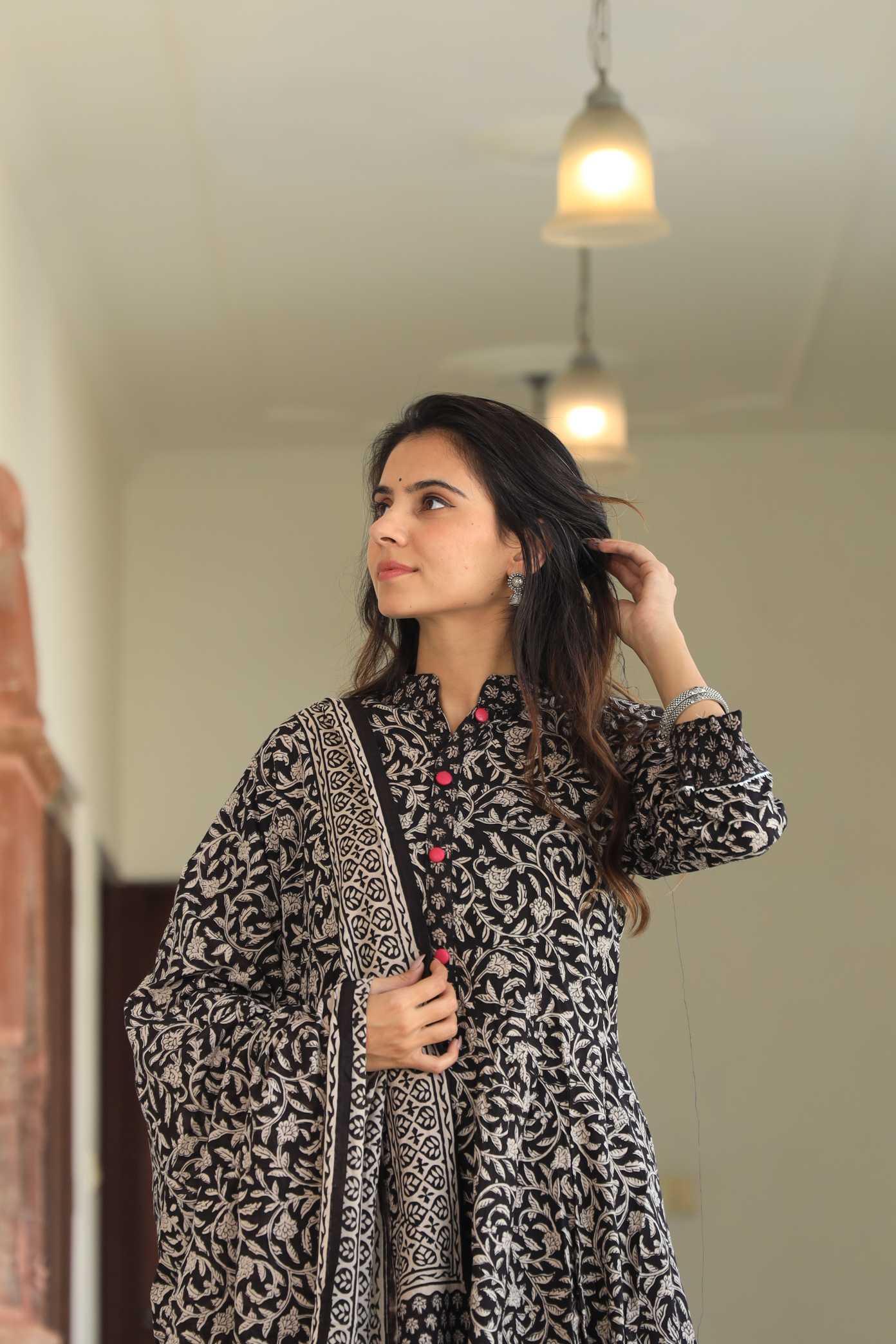 Charcoal Black Floral Handblock Printed Cotton Anarkali Suit
