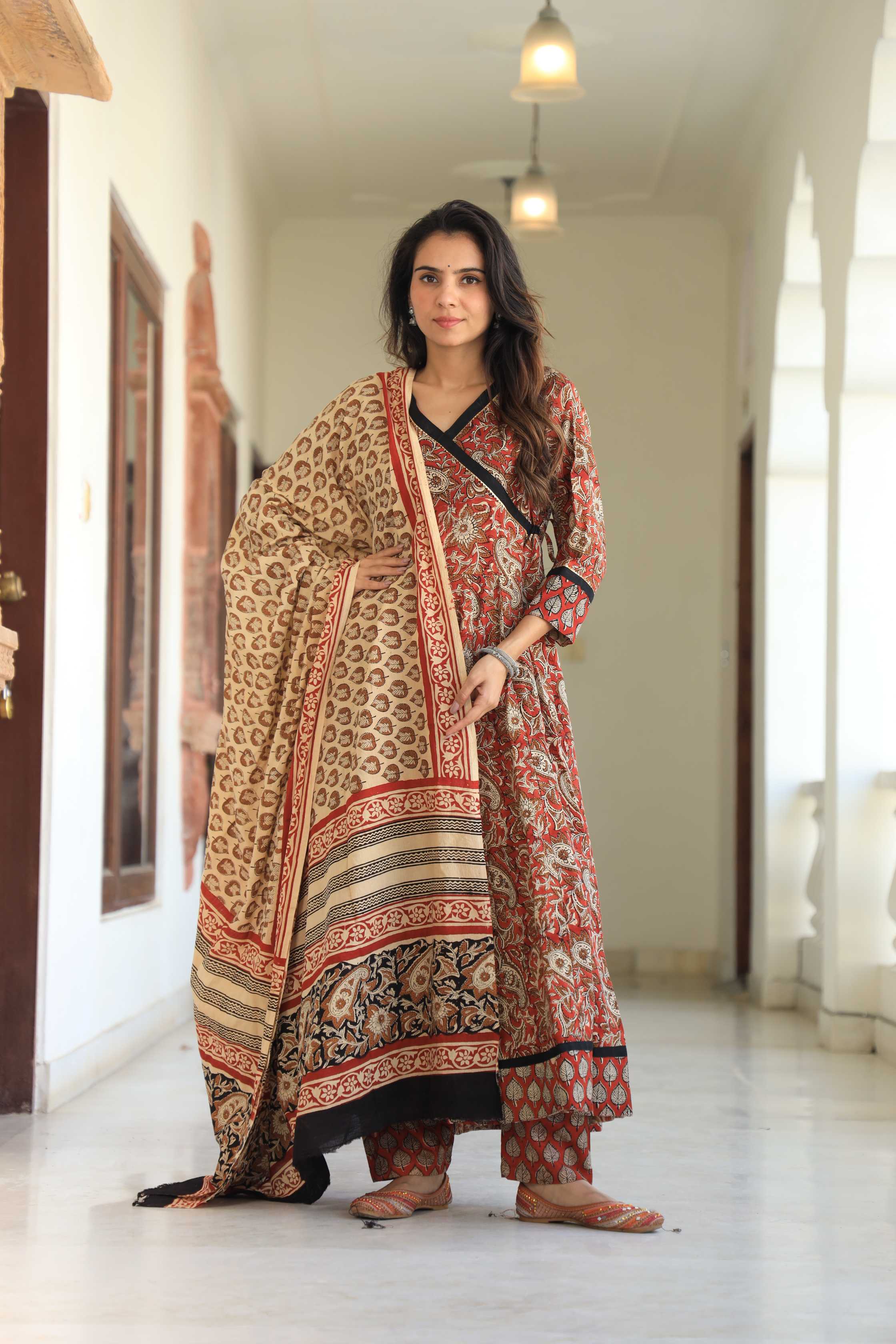 Rust & Earthy Beige Floral Handblock Printed Wrap Anarkali Suit