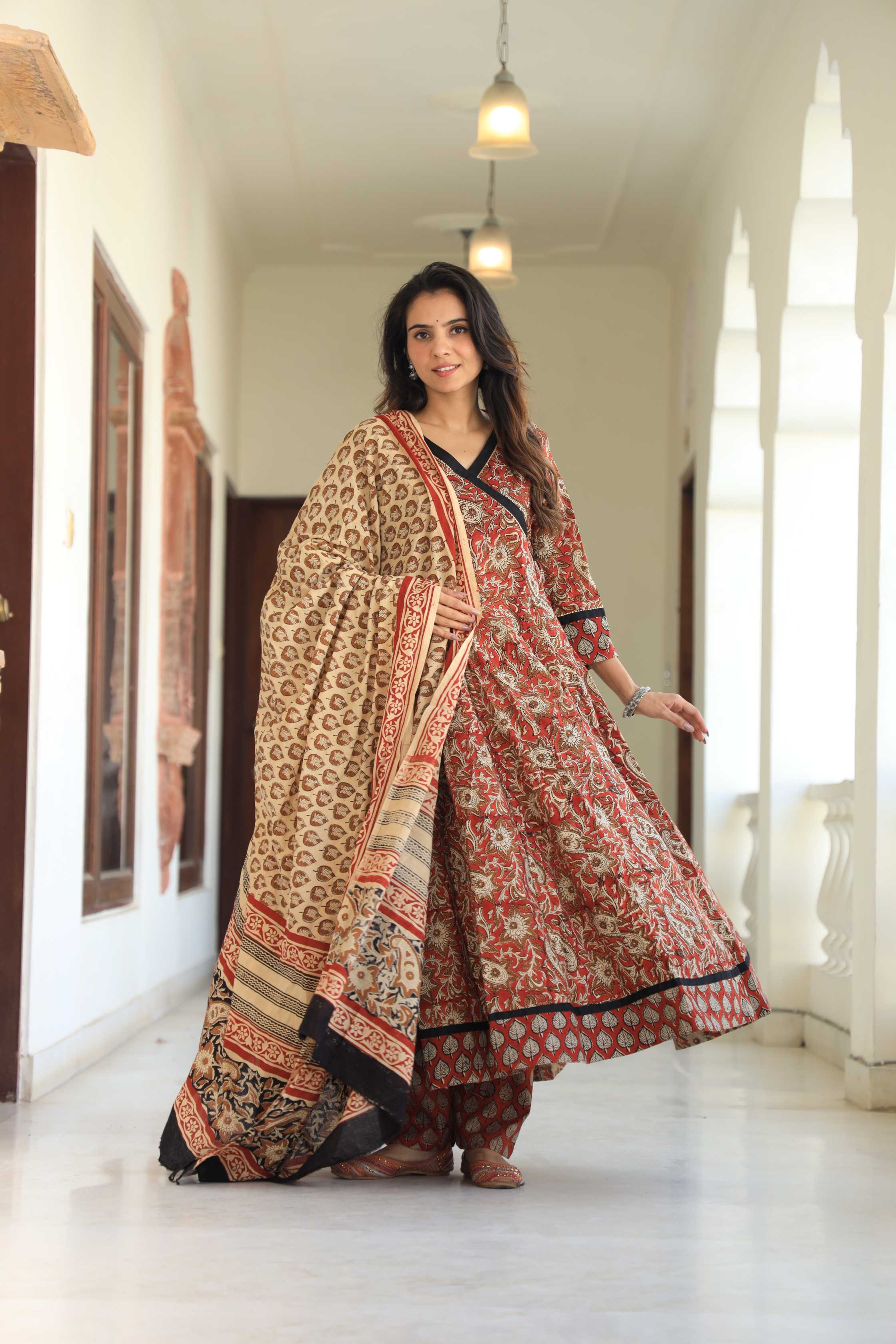 Rust & Earthy Beige Floral Handblock Printed Wrap Anarkali Suit