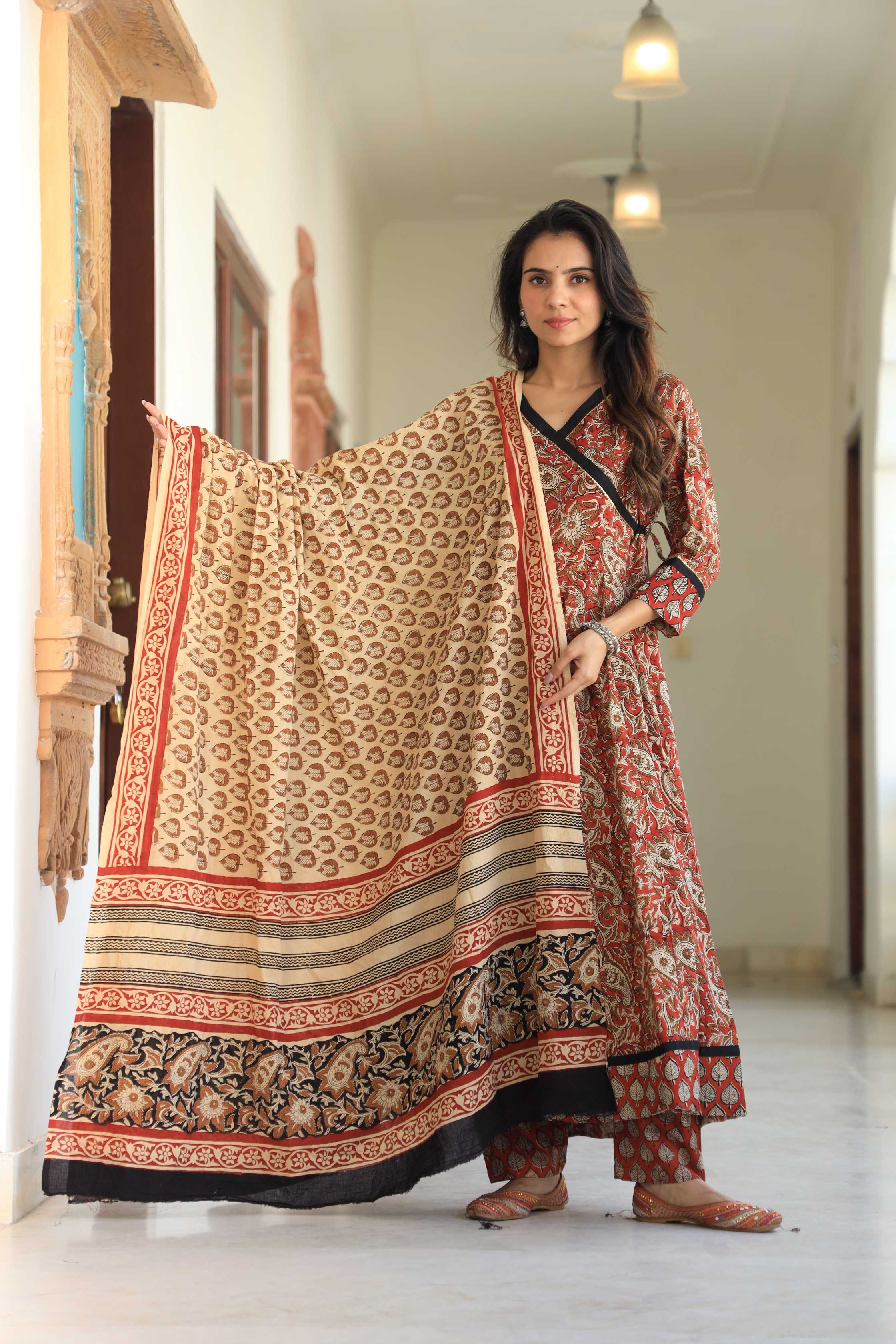 Rust & Earthy Beige Floral Handblock Printed Wrap Anarkali Suit
