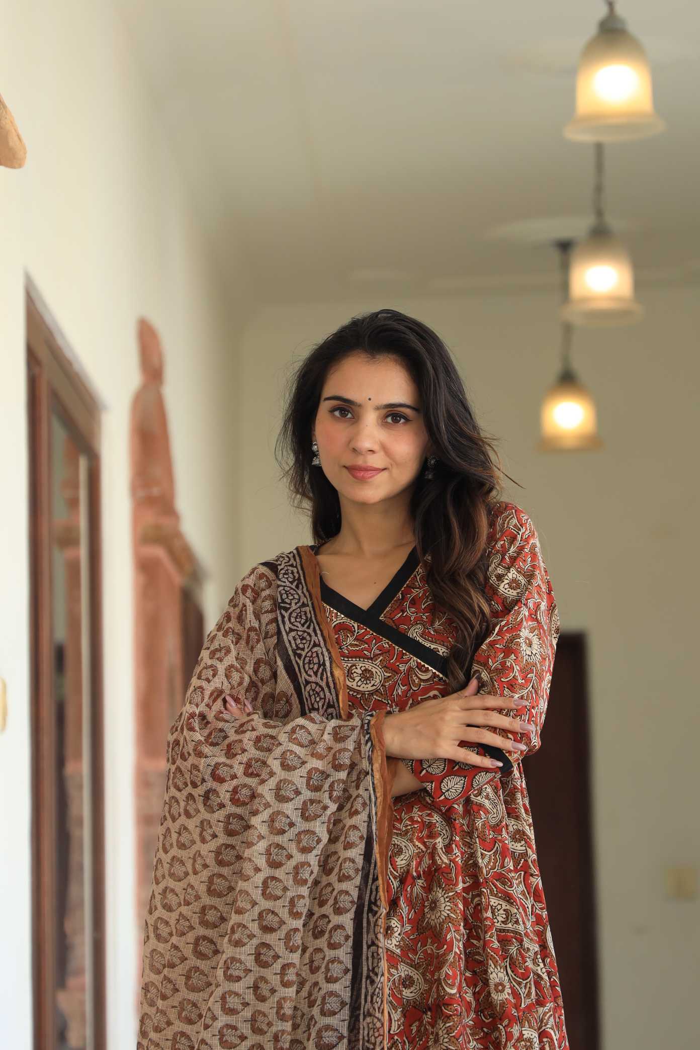 Rust & Earthy Beige Floral Handblock Printed Wrap Anarkali Suit
