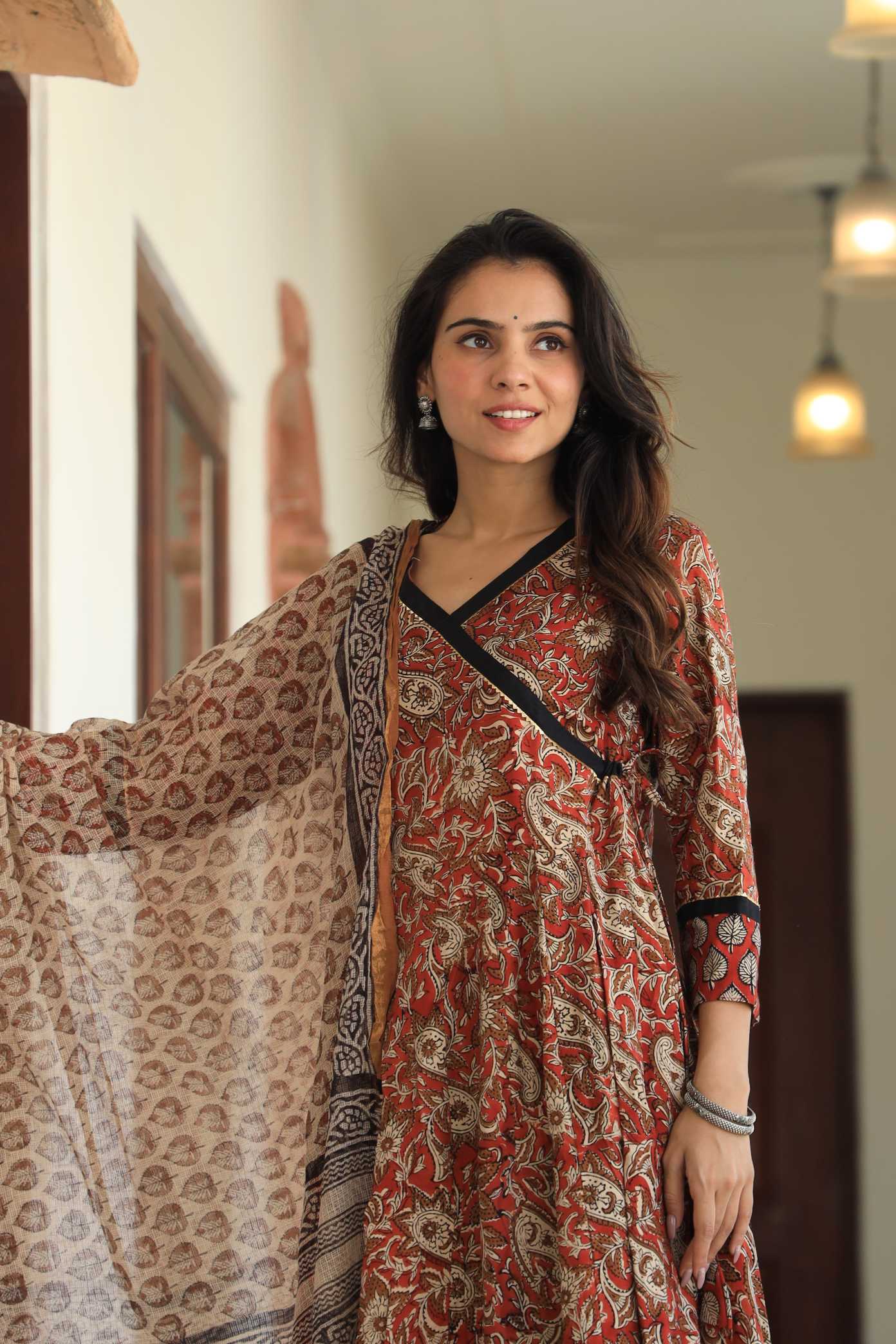 Rust & Earthy Beige Floral Handblock Printed Wrap Anarkali Suit