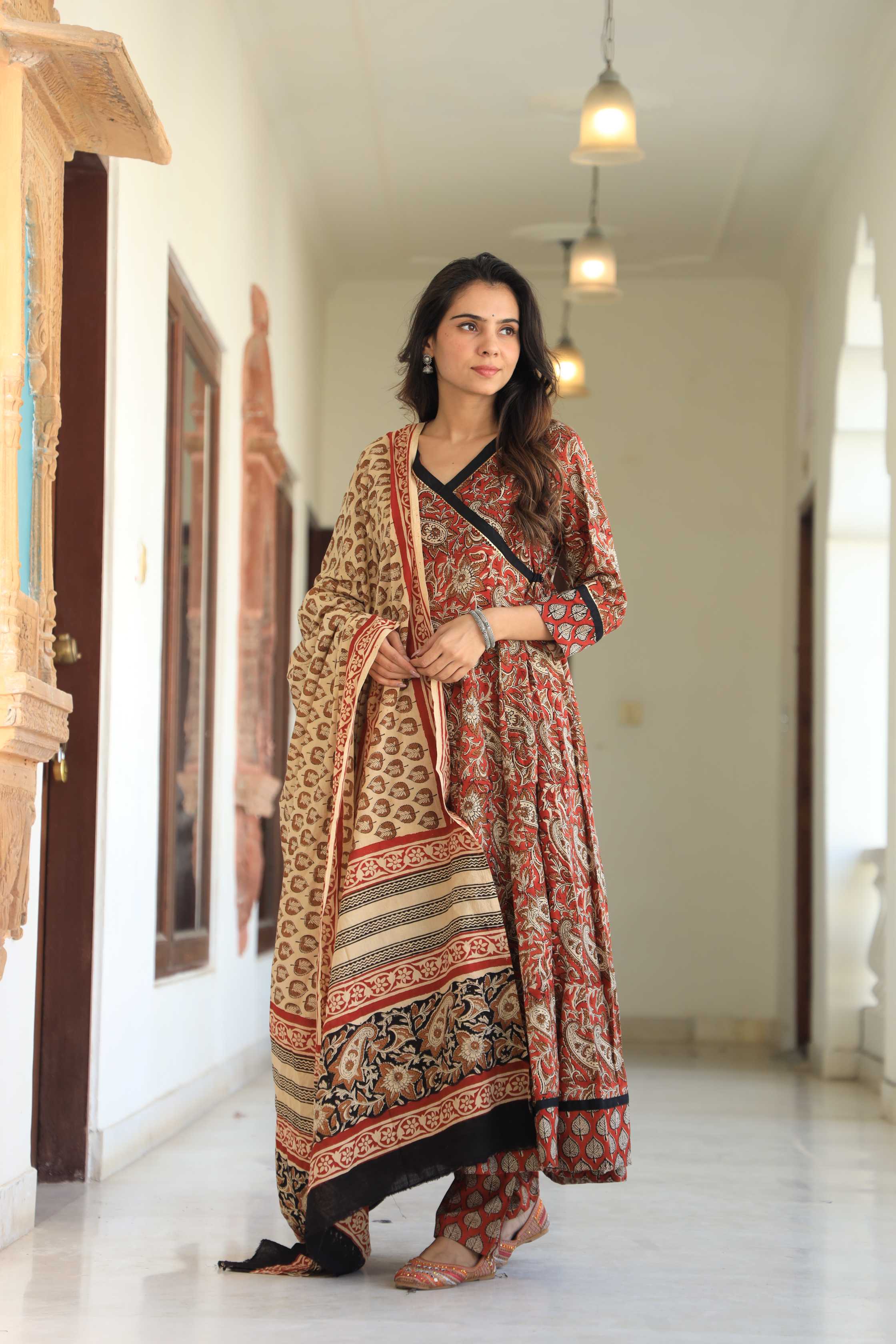 Rust & Earthy Beige Floral Handblock Printed Wrap Anarkali Suit