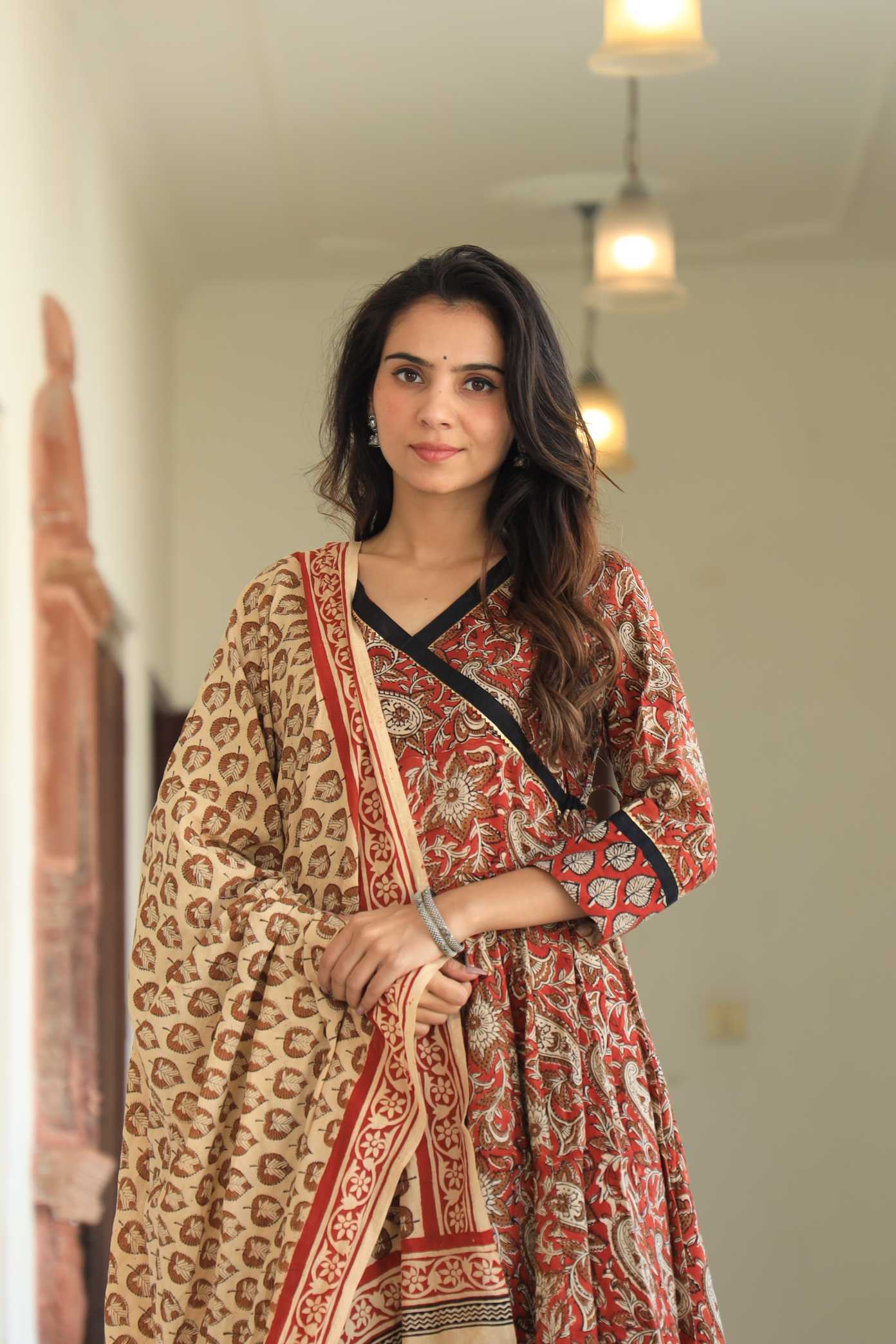 Rust & Earthy Beige Floral Handblock Printed Wrap Anarkali Suit
